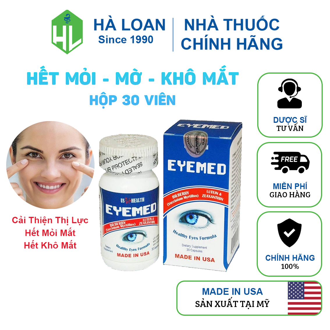 Viên uống bổ mắt EYEMED Vista USA - Giảm mỏi mắt khô mắt tăng thị lực cho mắt (Hộp 30 viên)
