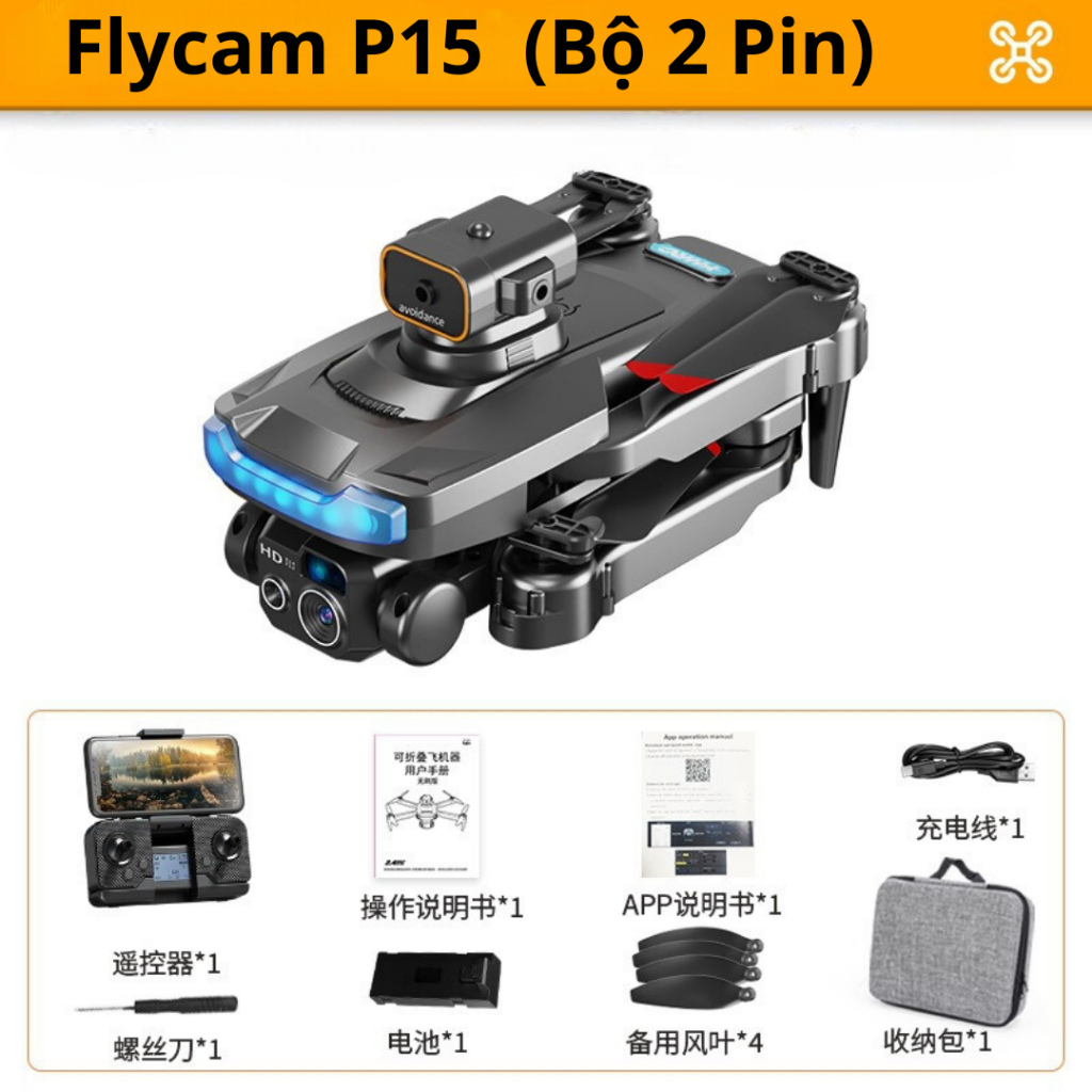 Drone flycam cao cấp P15 pro camera kép 4k full HD Kết nối wifi từ điện thoại truyền tải từ khoảng cách 500mcảm ứng chống va chạm