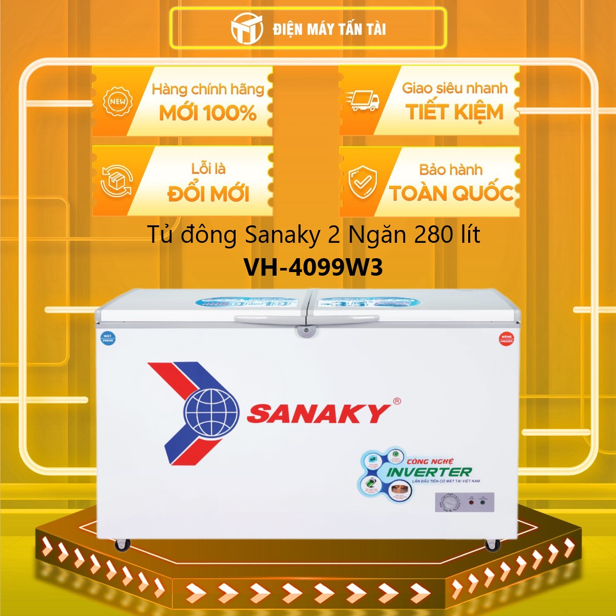 VH-4099W3 - Tủ đông Sanaky 2 Ngăn 280 lít VH-4099W3 - Bánh xe Giỏ đựng đồ Inverter tiết kiệm điện Kh