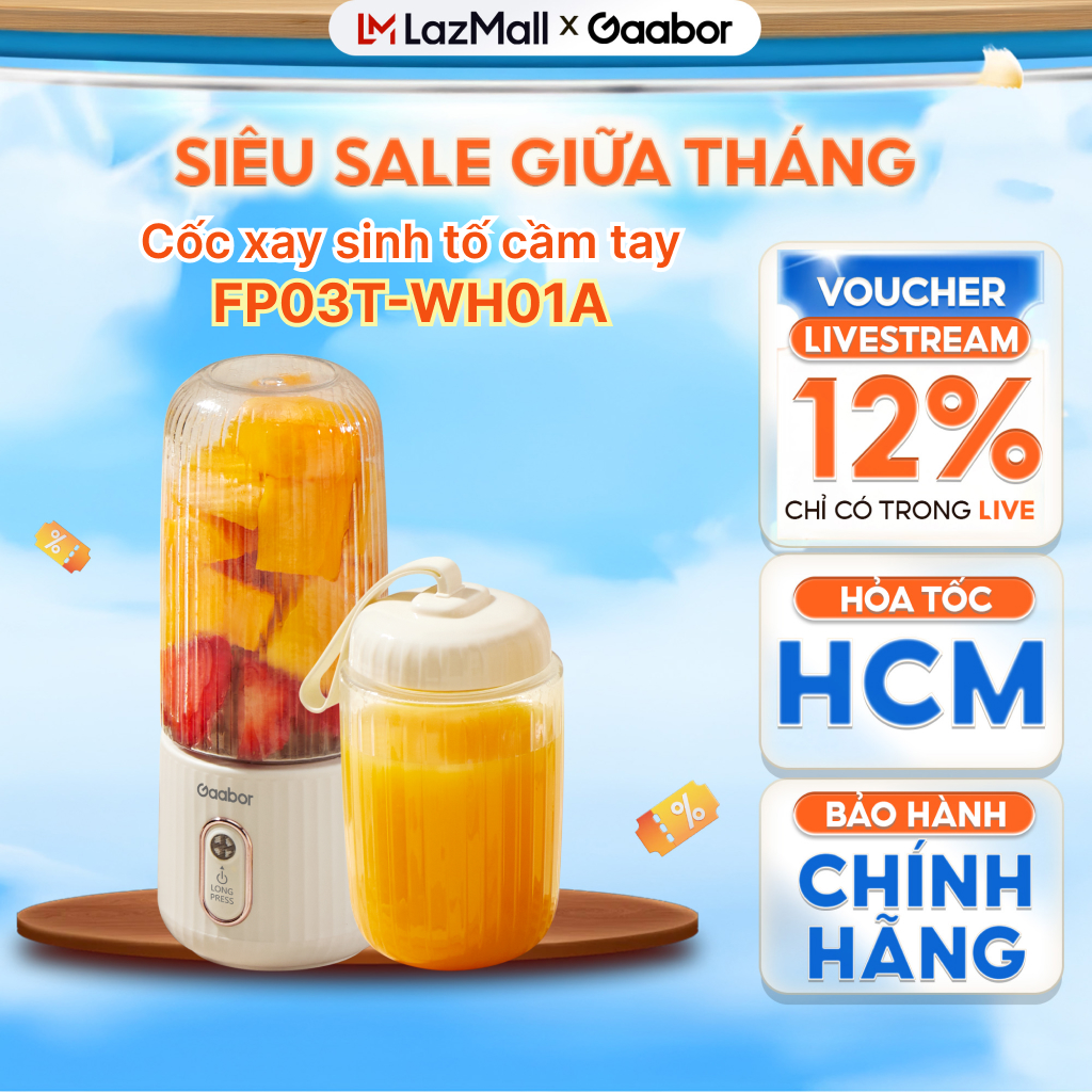 Nâng cấp - Cốc xay sinh tố cầm tay mini Gaabor FP03T-WH01A 350ml công suất 50W ly máy xay nhỏ gọn ti