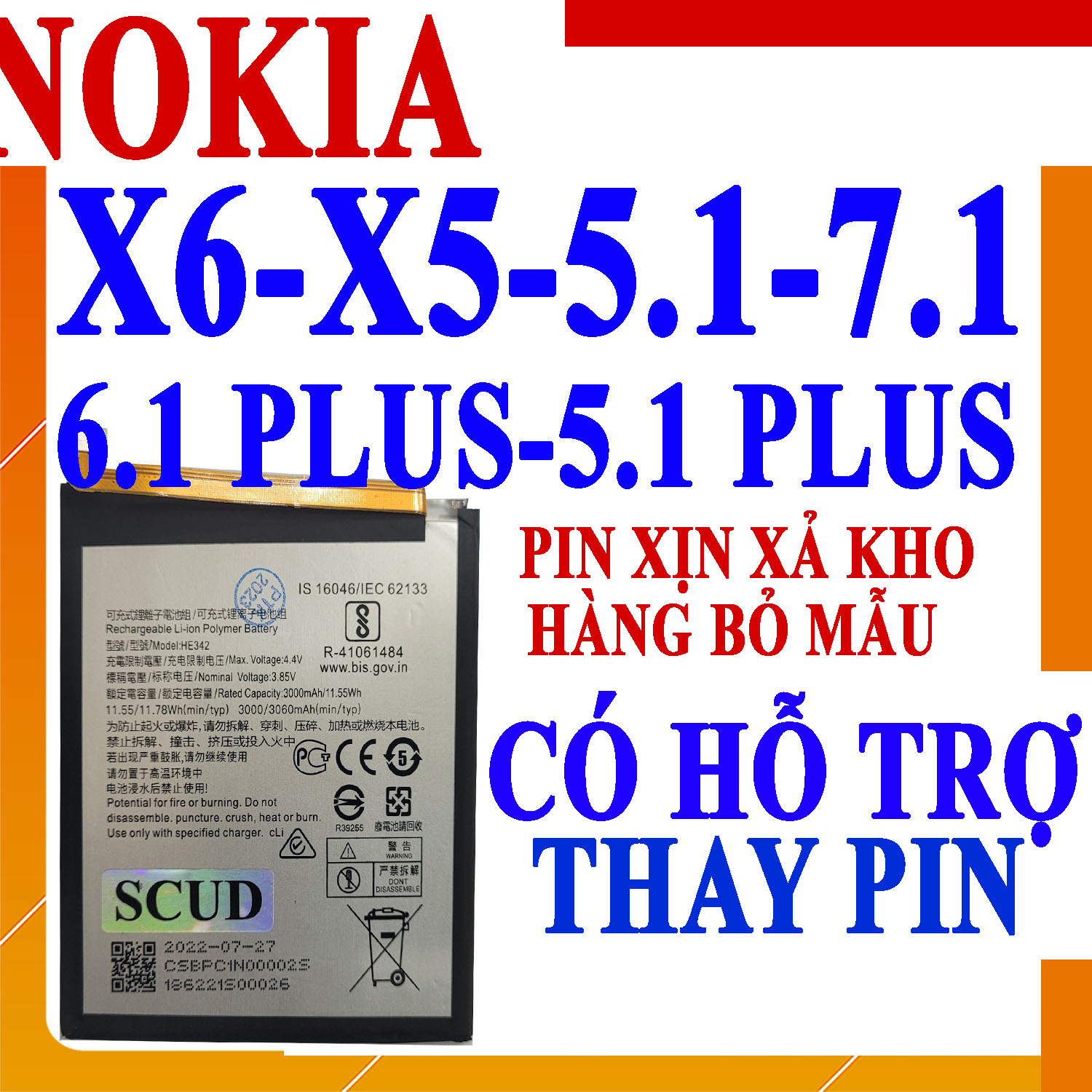 Pin Scud dành cho Nokia 6.1 Plus Nokia 5.1 Nokia X6 Nokia 7.1 Nokia 5.1 Plus Nokia X5 HE342 dung lượ