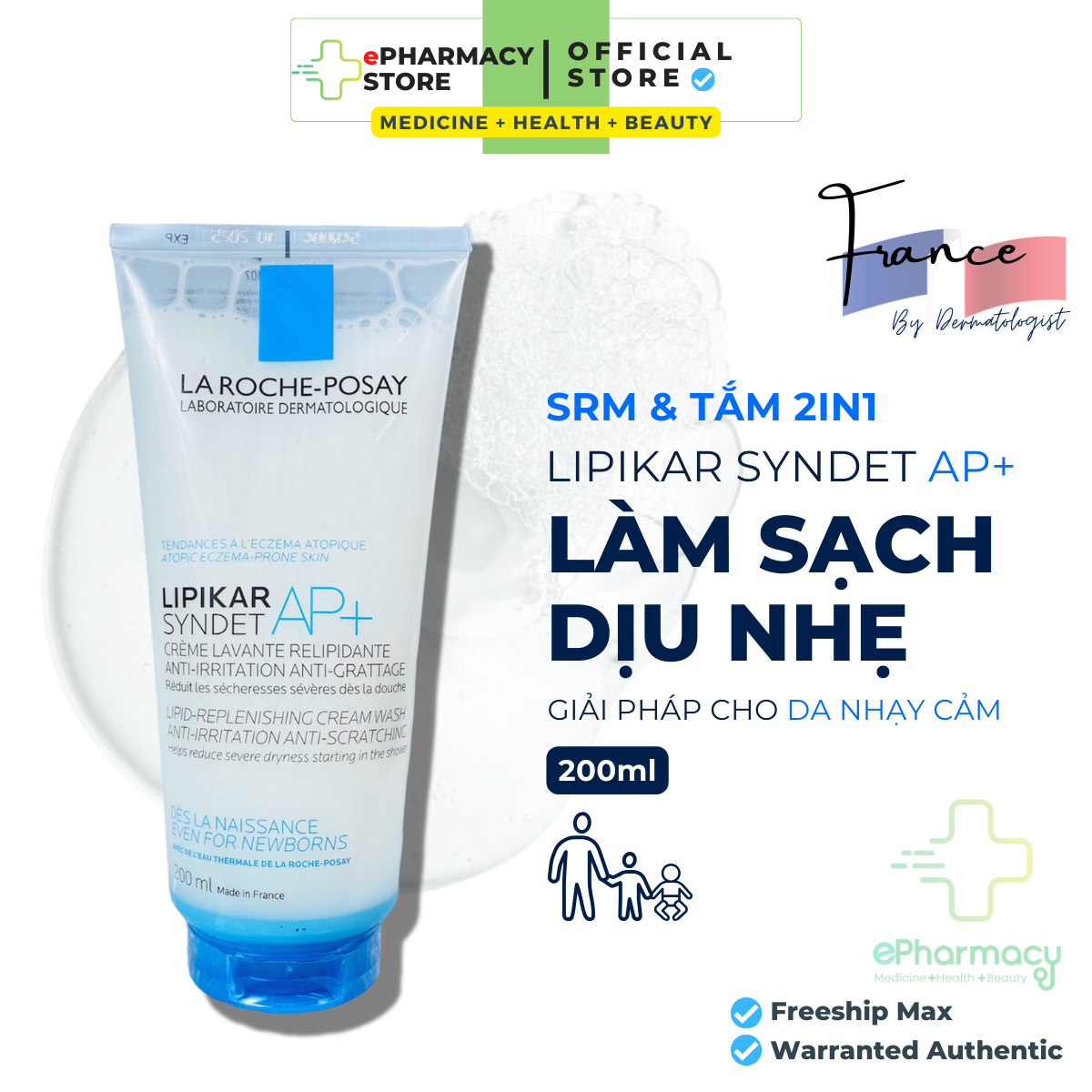 Sữa Tắm và Rửa Mặt LA ROCHE-POSAY Lipikar Syndet AP+ Cream Wash cho da khô nhạy cảm