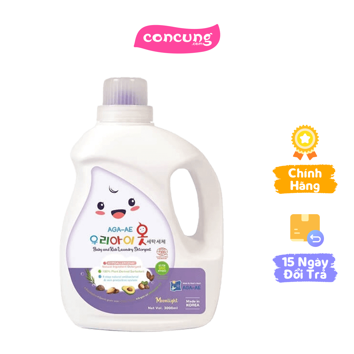 Nước Giặt Hàn Quốc Aga - Ae Kháng Khuẩn & Bảo Vệ Da Bé– Moonlight 3l