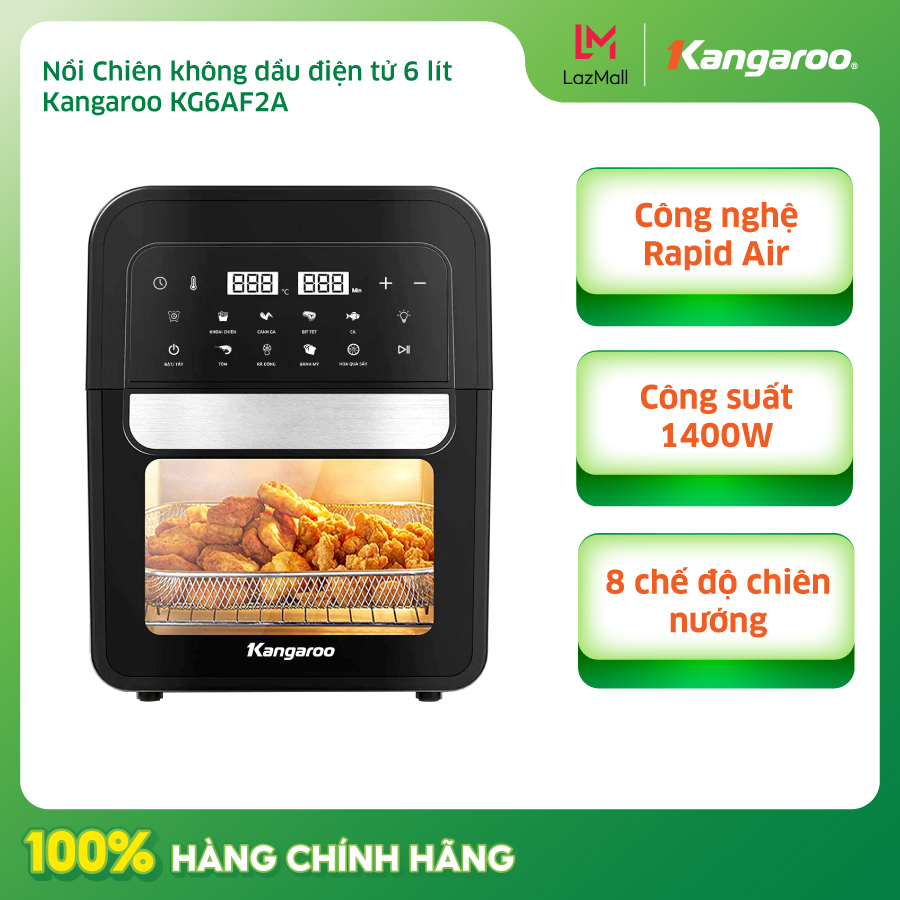 Lò Chiên Không Dầu Kangaroo KG6AF2A 6L - Đen, Kích Thước 32.8x24.5x24.3cm
