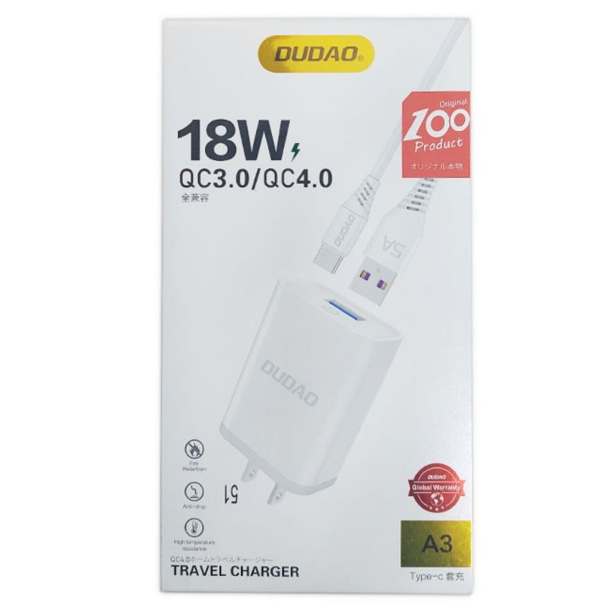 Bộ sạc nhanh USB to TYPE C 18W DUDAO A3 (Hàng chính hãng)