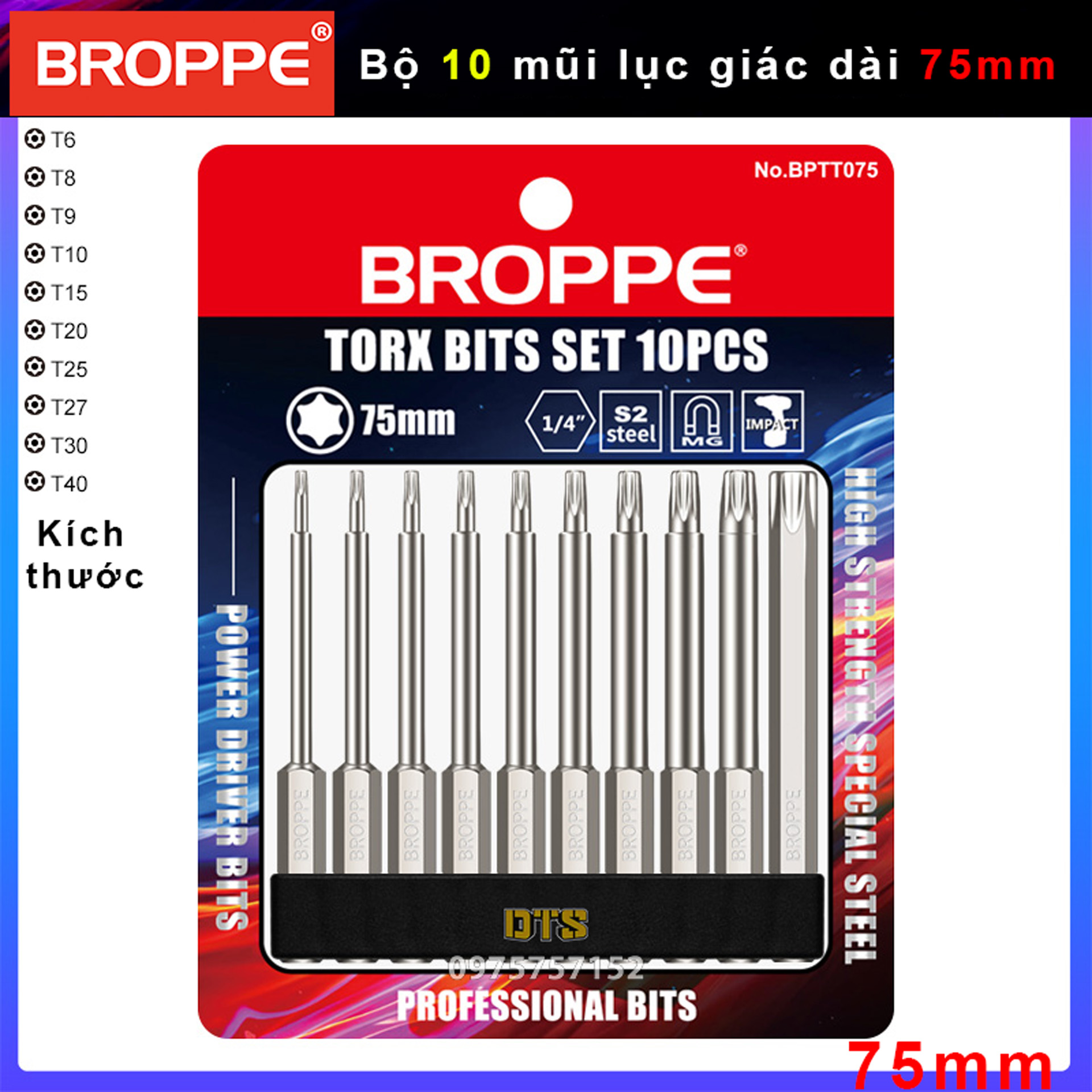 Bộ SET mũi hoa thị có lỗ trợ lực BROPPE đủ size | Bộ mũi vít hoa thị chuôi lục giác ngắn 6.35mm nam 