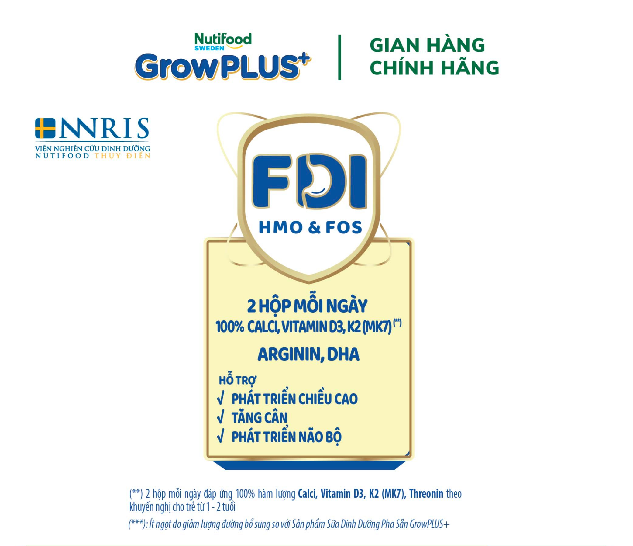 Sữa Bột Pha Sẵn Nutifood Sweden GrowPLUS+ Cao lớn vượt trội - Hỗ trợ phát triển chiều cao hộp 180 ml (24 hộp x 180ml)
