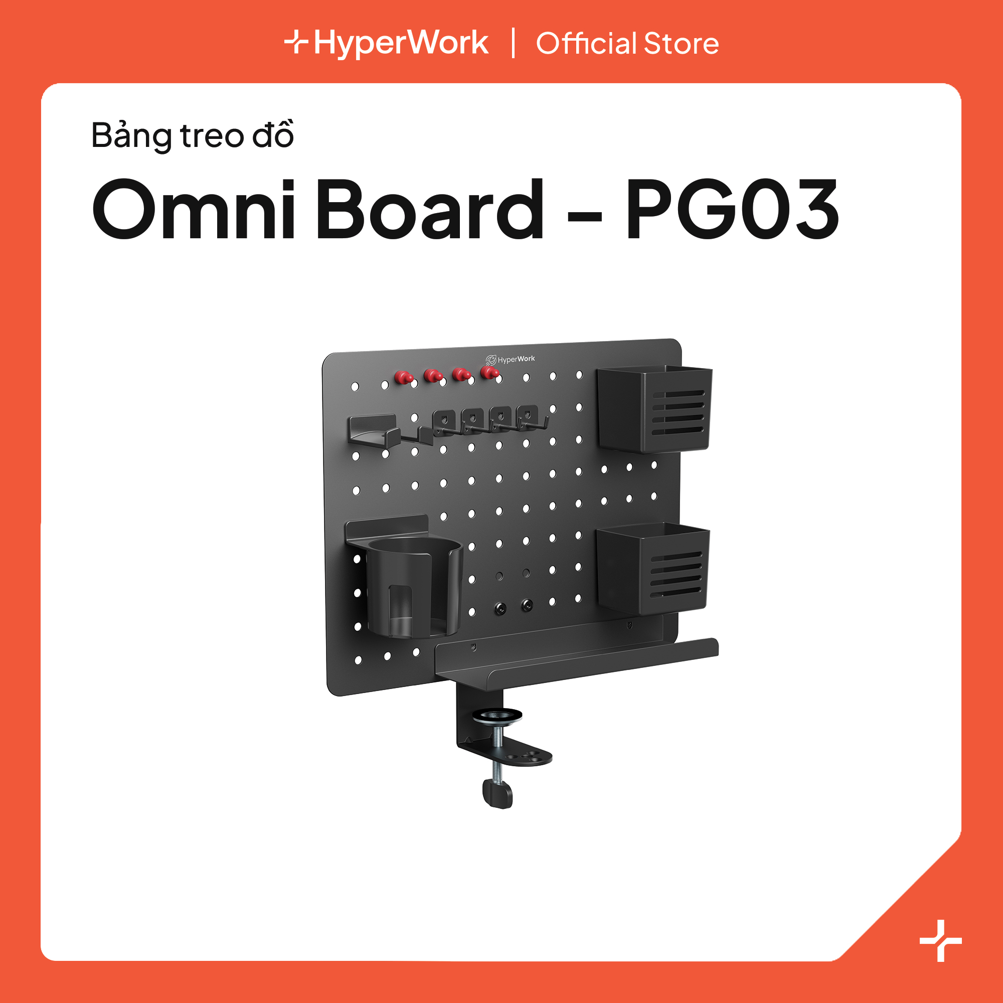 Bảng treo đồ HyperWork Omni Board PG03 xoay 360 độ + Kẹp Bàn (HyperWork Pegboard PG03)