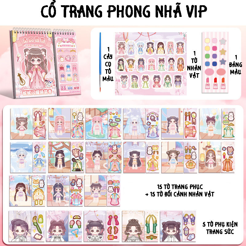 Hình dán sticker trang điểm thay đồ cho búp bê kết hợp tô màu dạng sổ lò xo cap cấp Bóc dán công chú