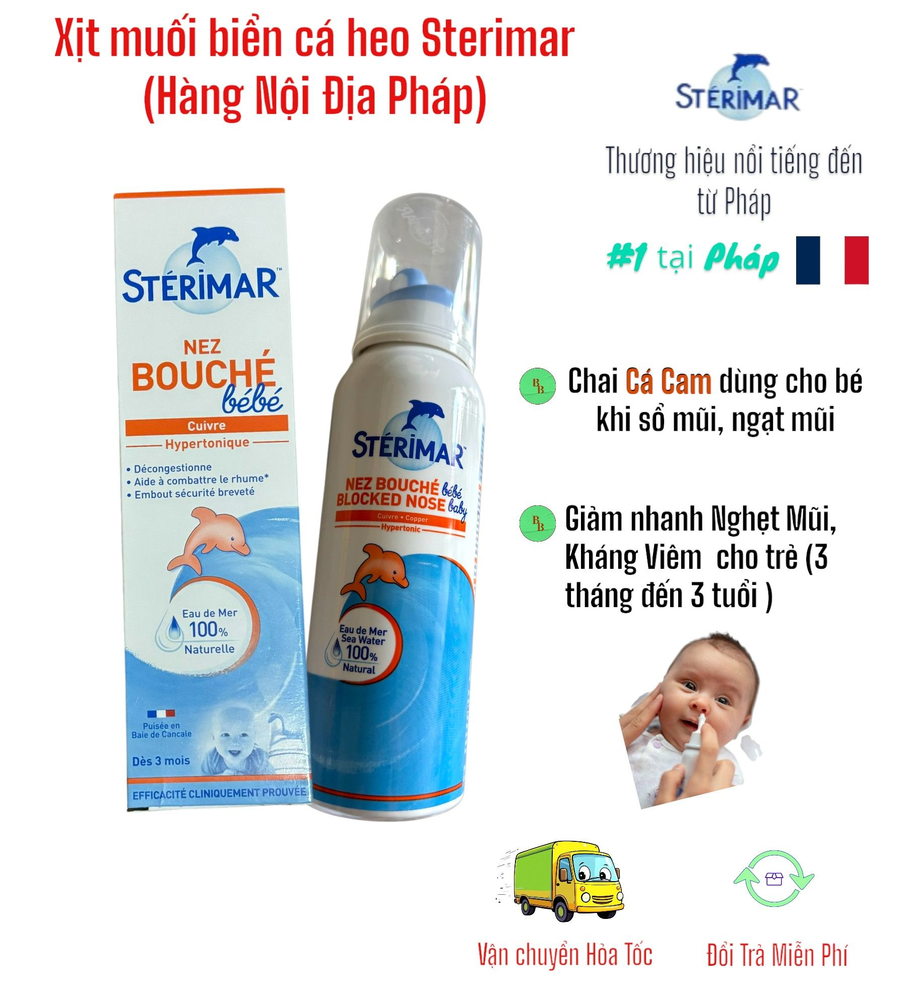 Xịt muối biển Cá Heo Cá Vàng Sterimar 100ml cho bé 3 tháng đến 3 tuổi và người lớn