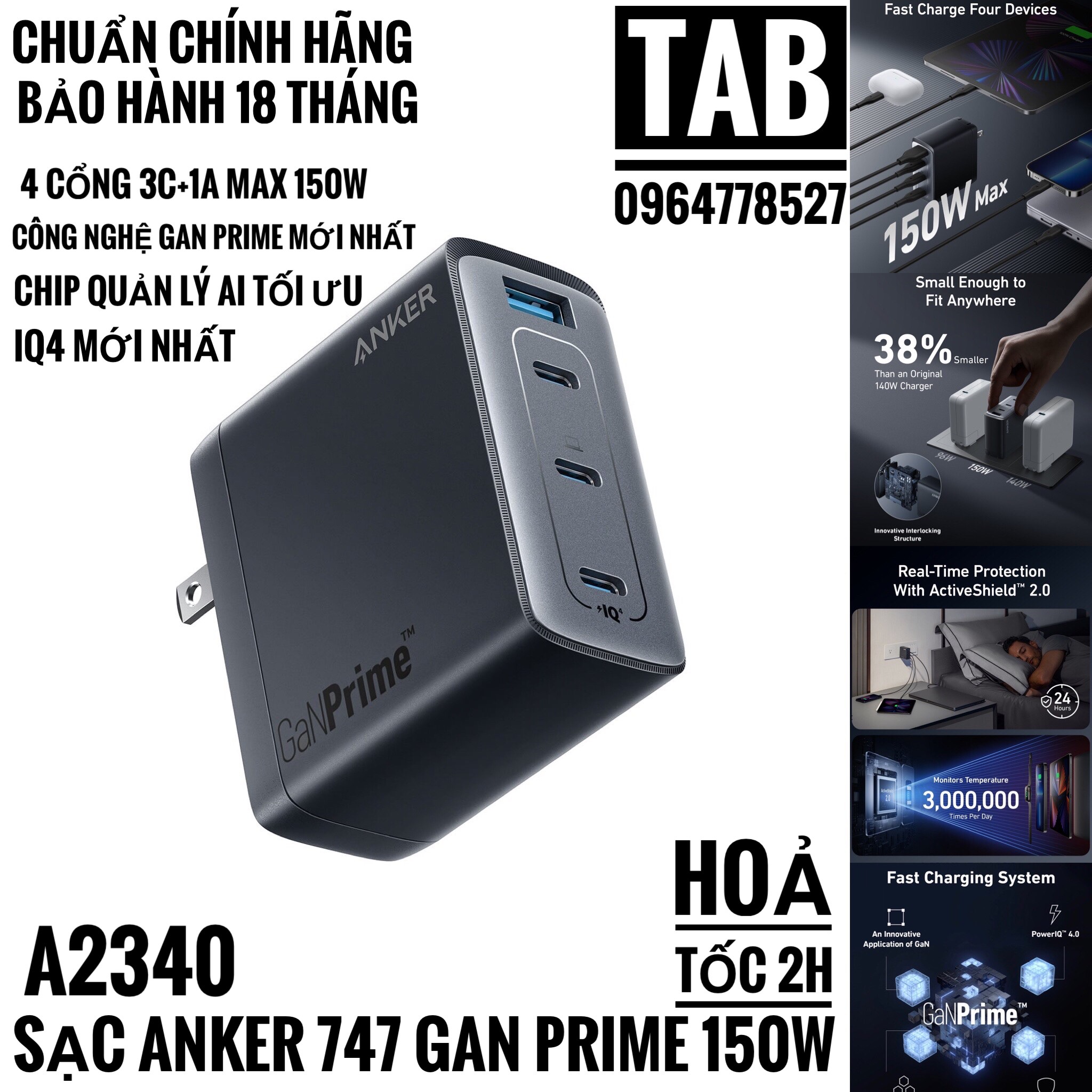 Sạc Anker 747 150w [Gan Prime] IQ4.0 3C+1A - A2340 (Bảo Hành 18 Tháng)