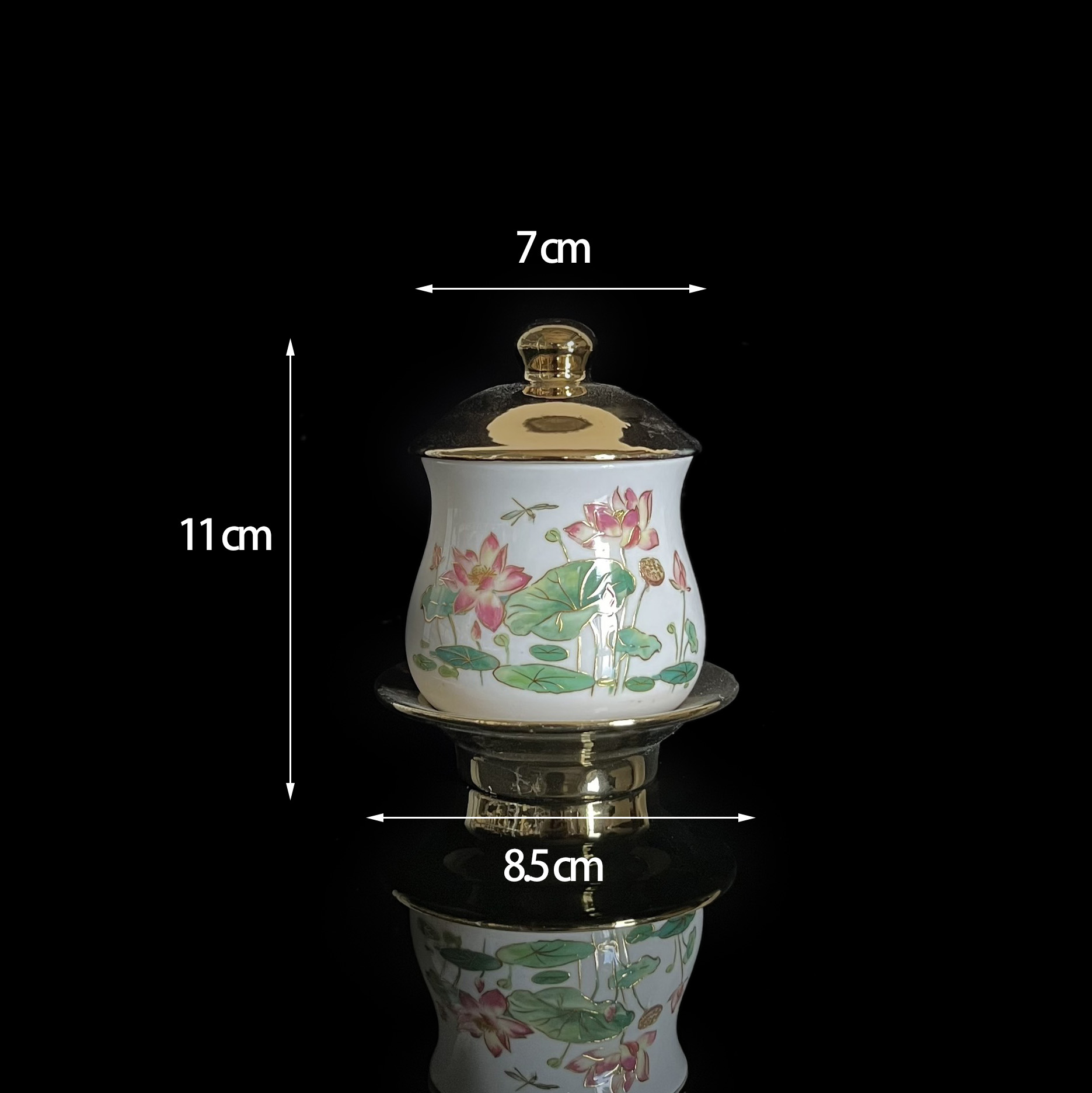 Bộ Thờ Cúng 2040 Hoa văn sen đỏ viên vàng bằng sứ cao câp - phật giáo tuệ quang