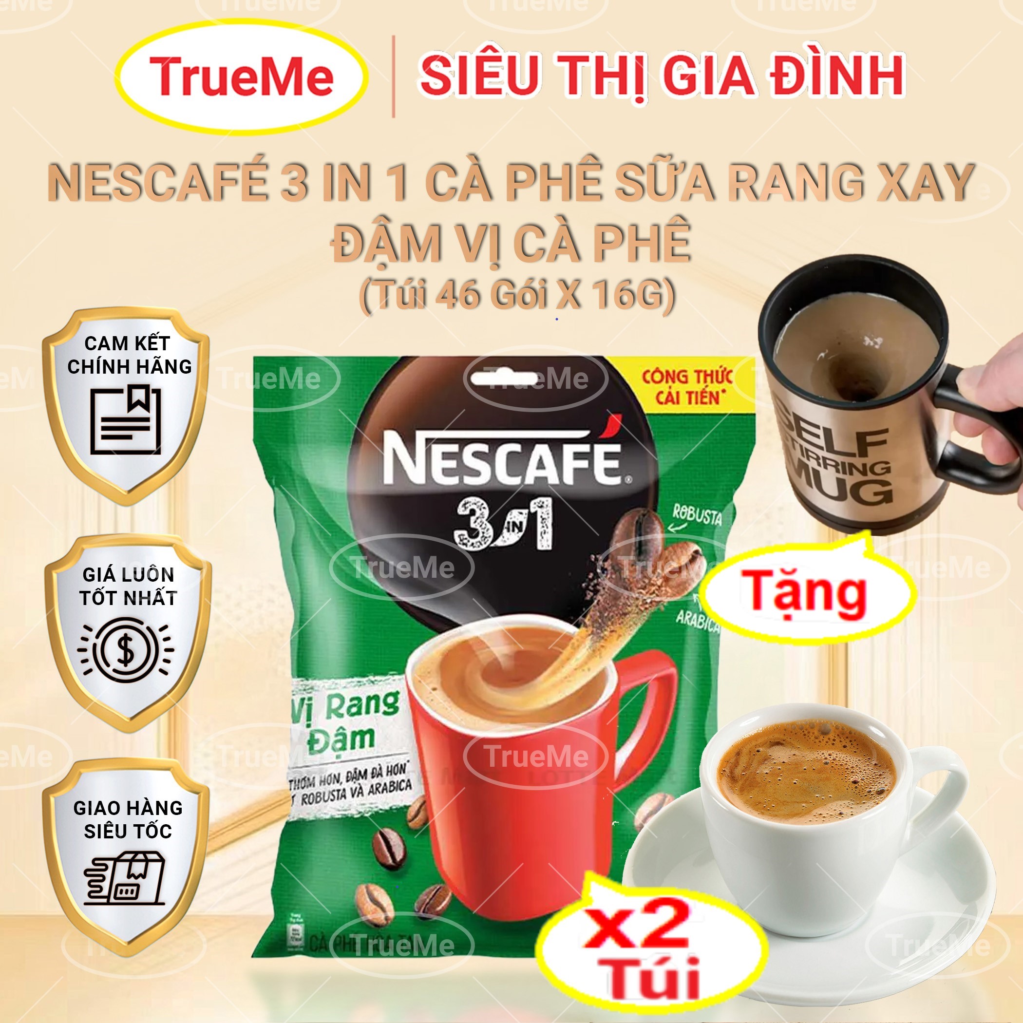 [Tặng ly khuấy tự động] Combo x2 túi Nescafe Túi Xanh (46gói x 17g/túi) - Ca phe rang xay hoa tan - 