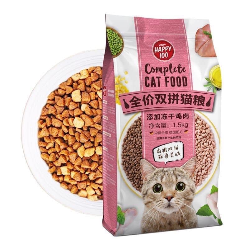 Hạt wanpy happy 100 cho mèo  - Thức ăn hạt cho mèo kén ăn rụng lông chậm lớn bao nguyên 1.5kg có túi chiết 500g1kg