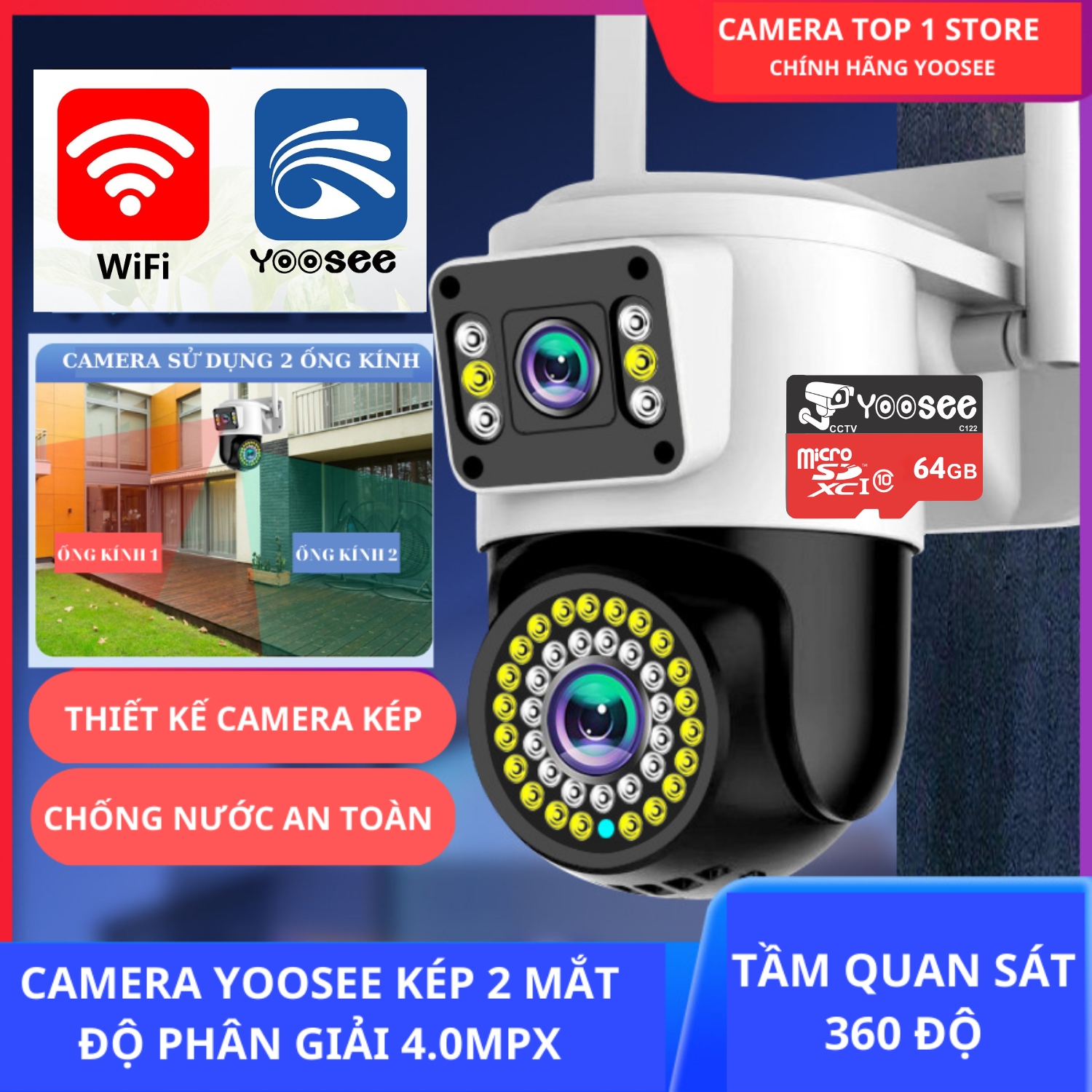 Camera Yoosee Camera Kép 4k giám sát 360 độ wifi Ngoài Trời Không Dây ống kính kép 2 camera cùng qua