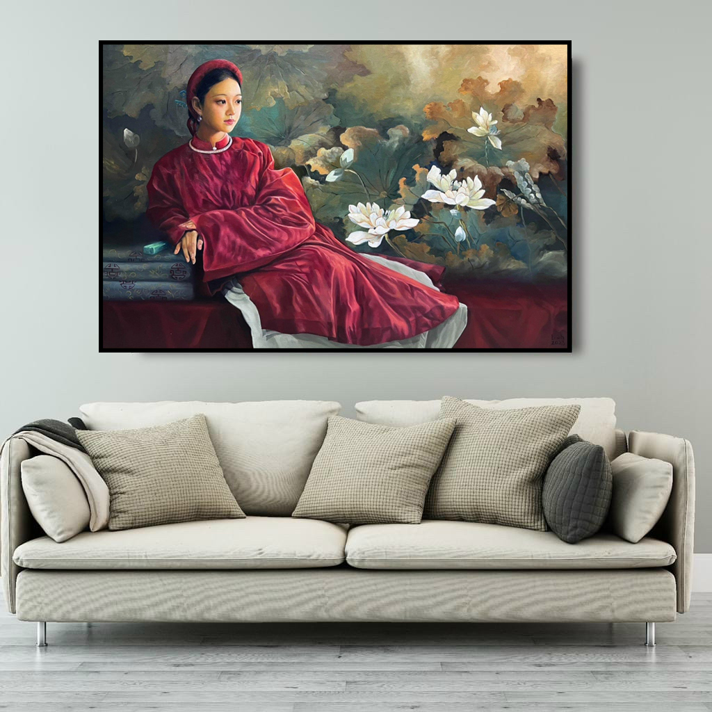 Tranh canvas treo tường thiếu nữ bên hoa sen indochine in giả sơn dầu 90 x 60  cm