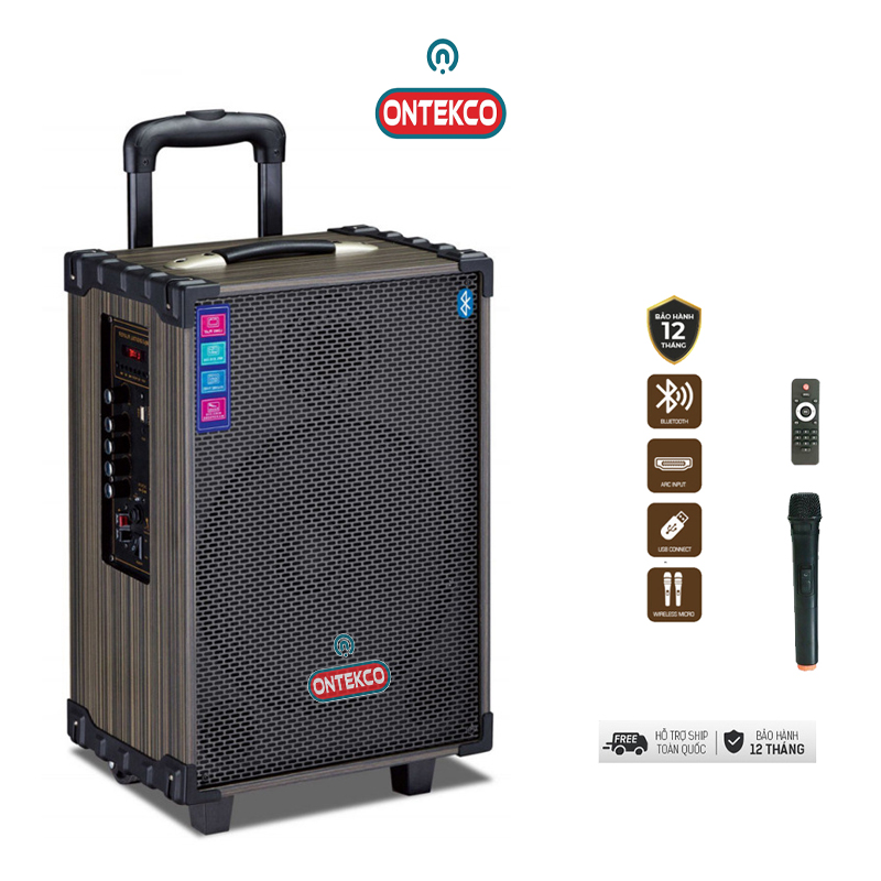 Loa kéo karaoke ONTEKCO 8002 Bass 20 kèm 2 mic UHF vỏ gỗ mặt lưới kim loại