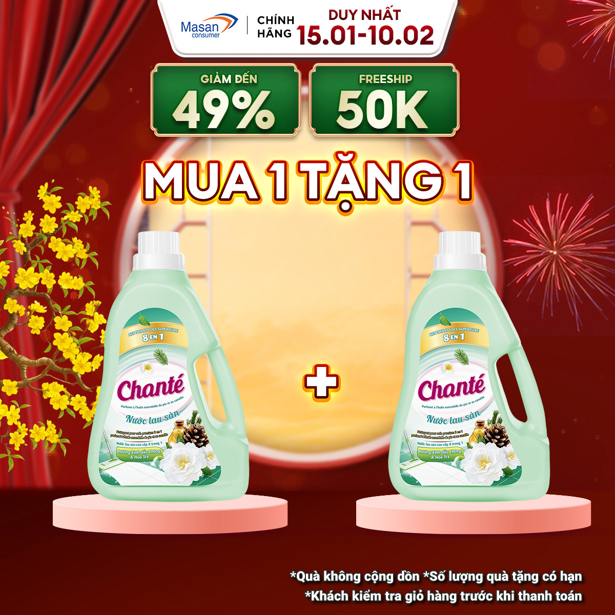 Combo 2 chai Nước lau sàn Chanté cao cấp 8 trong 1 hương tinh dầu thông & hoa trà 3.2kg