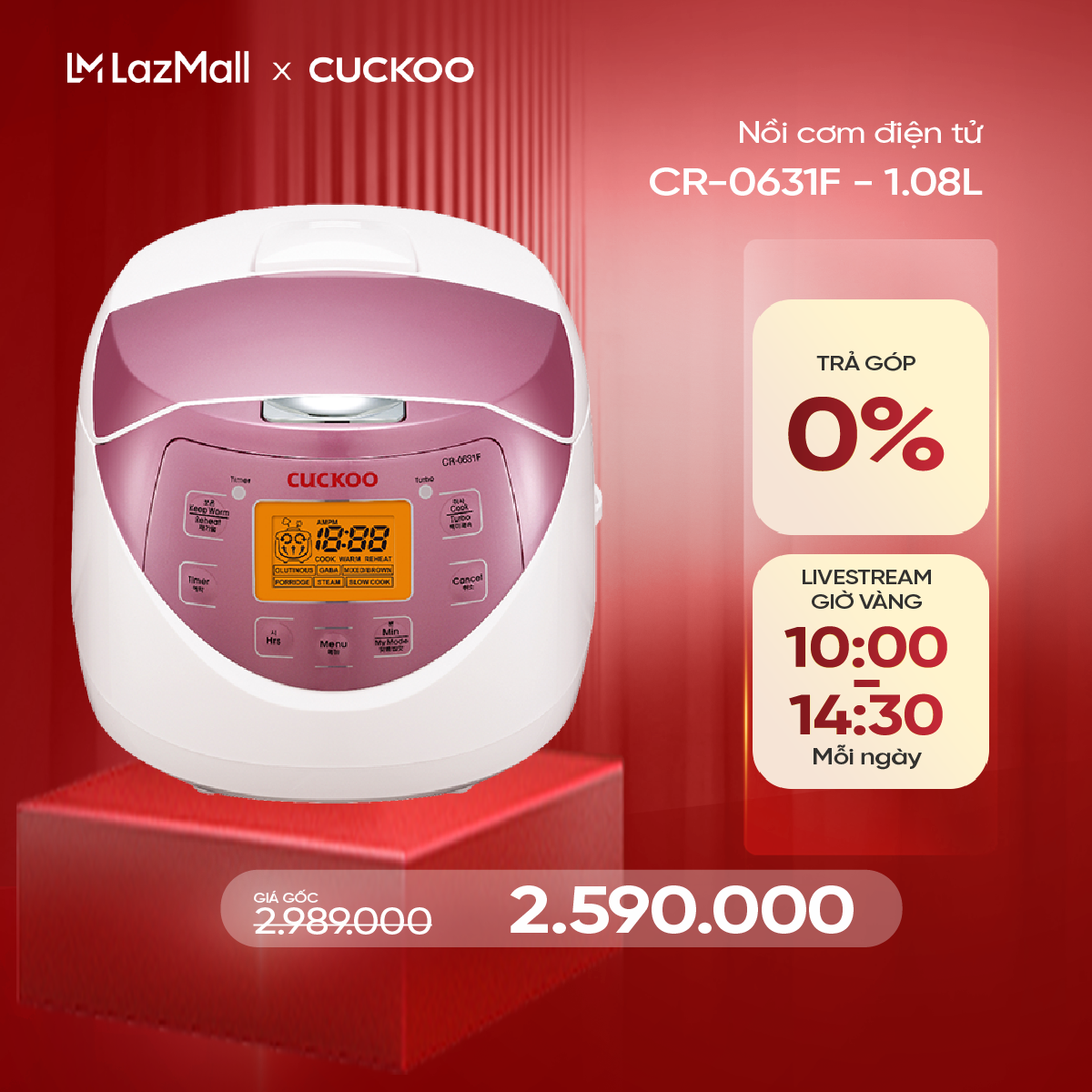 Nồi cơm điện tử Cuckoo 1L CR-0631F ( màu hồng) - Lòng nồi chống dính nhiều chế độ nấu ăn - Chất lượn