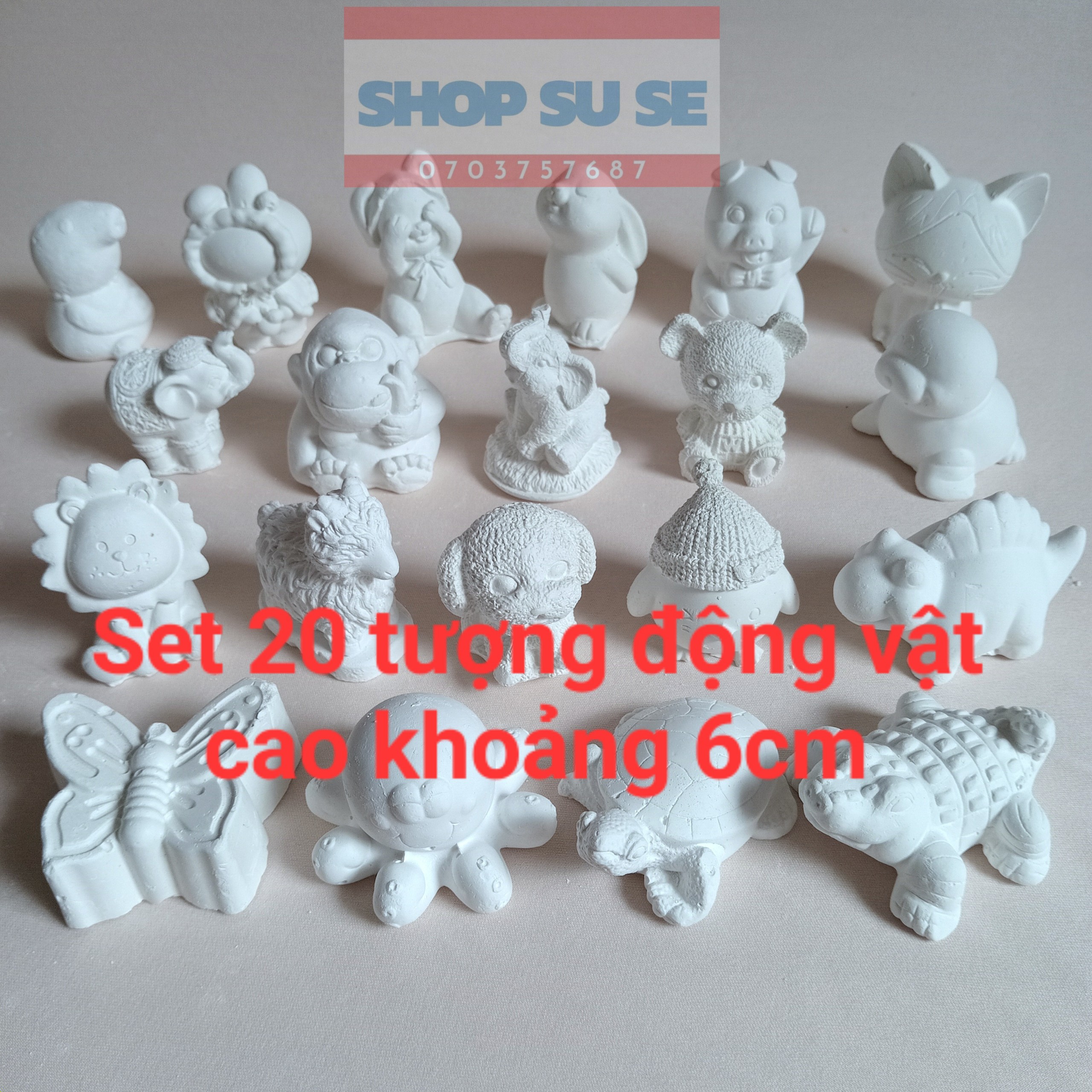 Set 20 tượng thạch cao hình động vật dễ thương. Cao khoảng 6 cm. Sản phẩm không bao gồm màu.