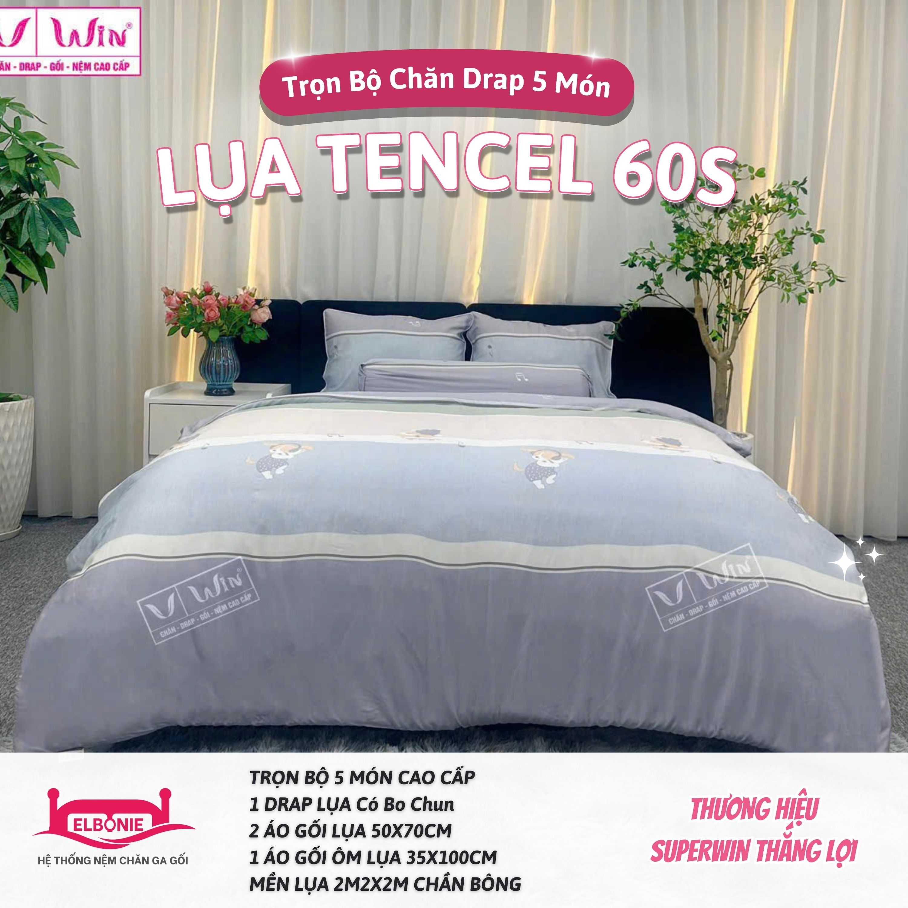 Bộ Mền Drap Lụa Cao Cấp Tencel 60s SuperWin Thắng Lợi Bộ Chăn Ga Giường Cao Cấp 5 Món Lụa cao cấp mị