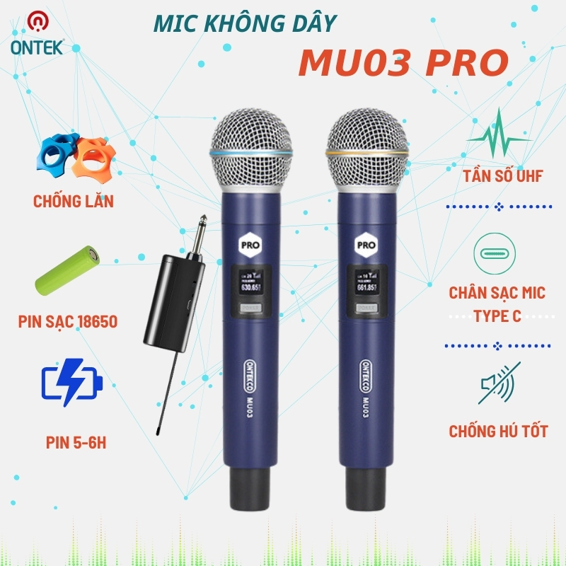 bộ micro karaoke không dây ontekco mu03pro cao cấp hiện thị tần số chuyên dụng cho thiết bị karaoke loa kéo amply