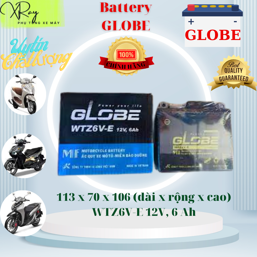 Ắc quy khô xe máy GLOBE WTZ6V-E 12V 6Ah (10HR)  Airblade 125 Vario 125/150 Click 125 Vision 2014-2020 Mode SH Việt Nam PCX Lead 125 Janus Grande Deluxe Nozza 2014