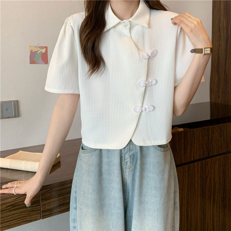 Cheongsam Button Polo Neck Short-sleeved Shirt Womens Summer Short Top
