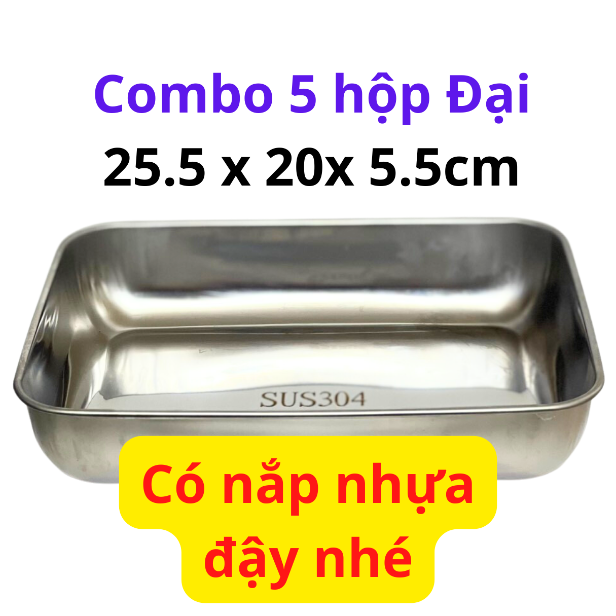 Combo 5 khay đựng thực phẩm inox 304 có nắp đậy hộp đựng thực phẩm bằng inox để tủ lạnh