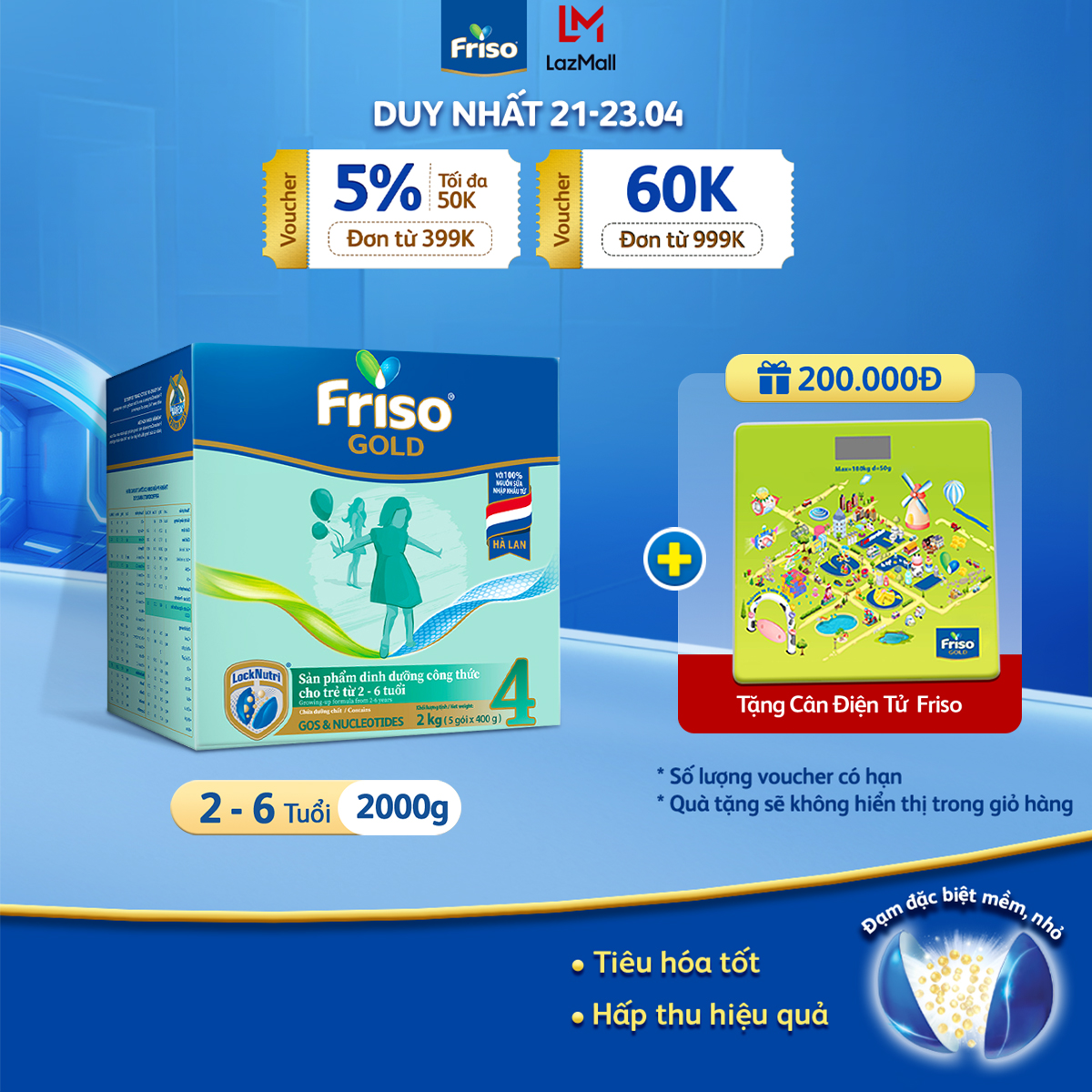 [21- 23/4 VOUCHER ĐẾN 1 TRIỆU] [HSD: 10/2025] [Tặng Cân Điện Tử] Sữa Bột Friso Gold 4 Hộp Giấy 2KG