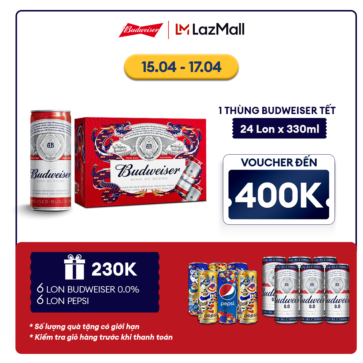 Thùng 24 Lon Bia Budweiser (330ml/ lon) - Phiên Bản Tết 2024