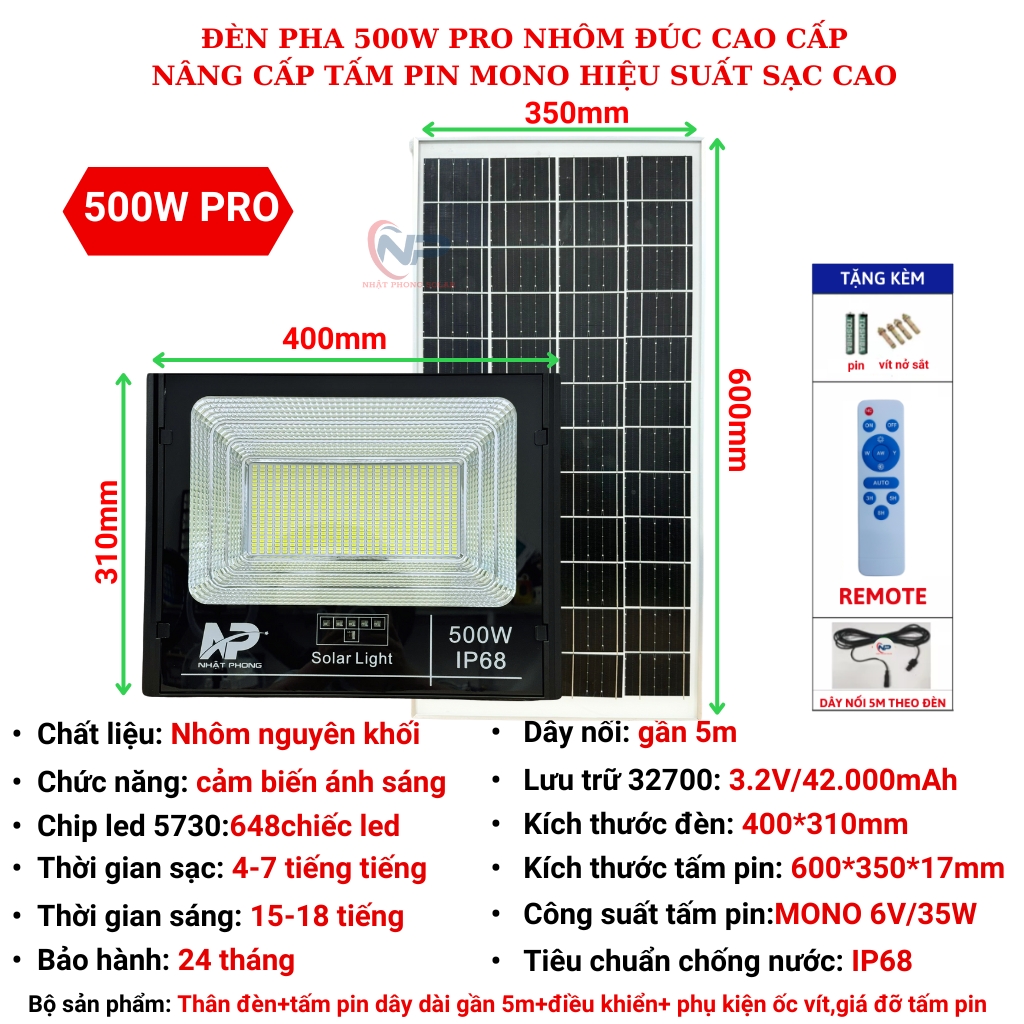 Đèn năng lượng mặt trờiĐèn Led năng lượng mặt trời chống lóa vỏ nhôm nguyên khối công xuất 100W 200W 300W có hiển thị phần trăm pin tấm pin dây dài 5M cảm biến ánh sáng điều khiển từ xa Chống Nước IP67