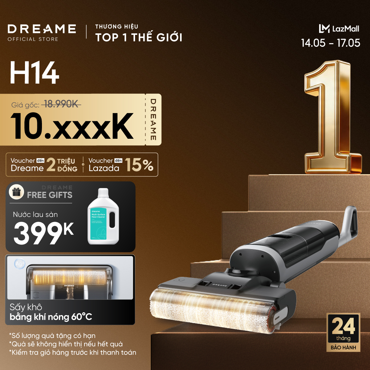 Máy hút bụi lau nhà thông minh Dreame H14 Ultra - 20000 Pa, Pin 5000 mAh, Bảo hành 2 năm