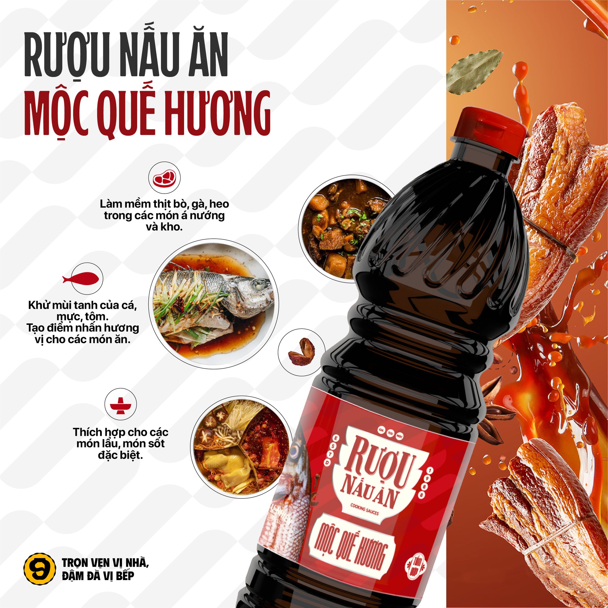 Rượu Nấu Ăn Mộc Quế Hương 9Chum Chai Nhựa 1L ướp thịt cá khử mùi tanh tăng hương vị món ăn