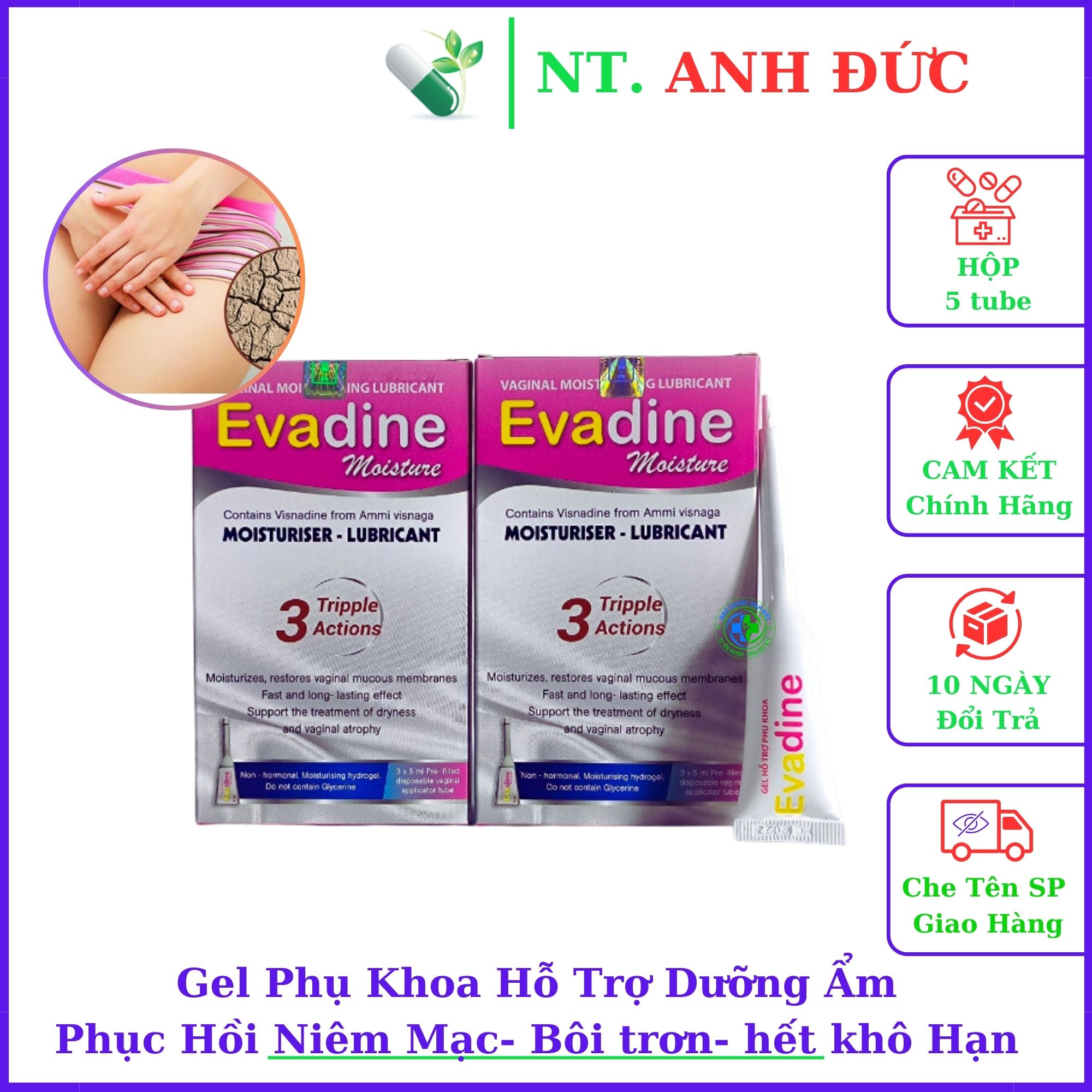 Gel đặt phụ khoa Evadine Moisture giúp Dưỡng ẩm bôi trơn chăm sóc vùng kín phục hồi niêm mạc - Hộp 5