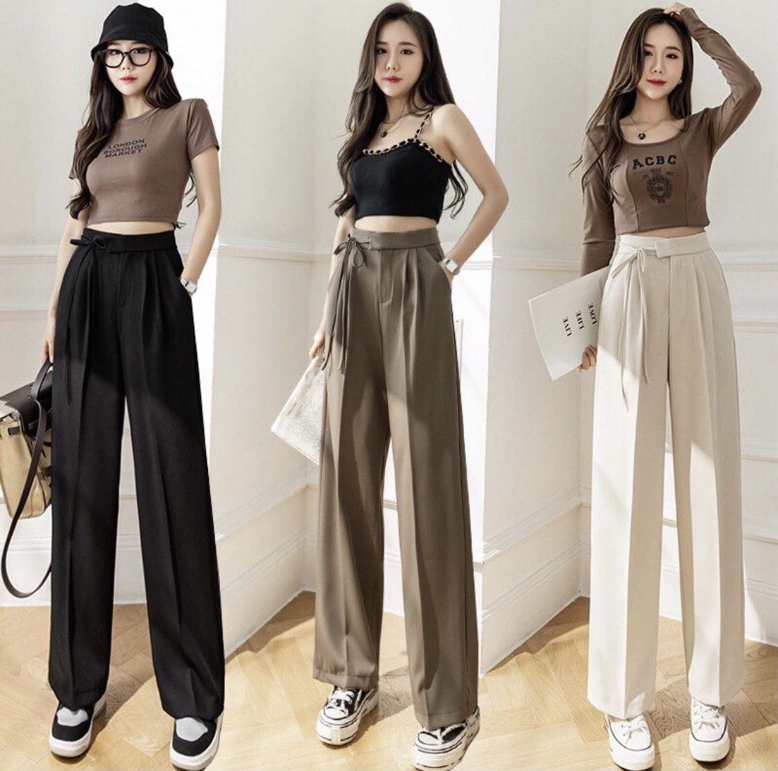 Quần ống rộng nữ lưng cao thắt dây nơ 1 bên culottes