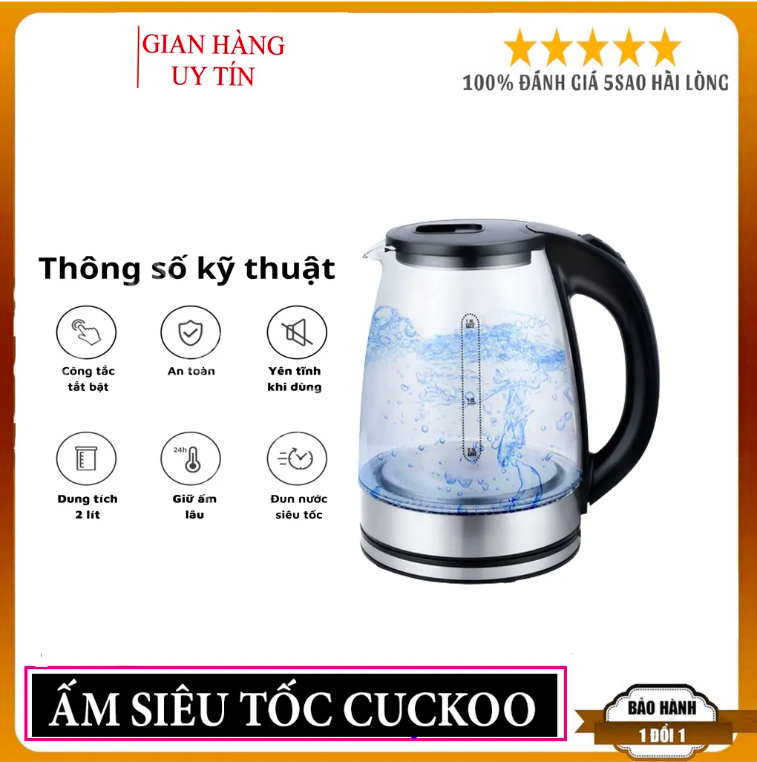 Ấm đun siêu tốc Bình Đun Nước Siêu Tốc Thủy Tinh Cuckoo Dung Tích 2L Công suất 1500W Ấm Siêu Tốc Tro