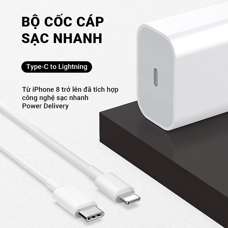 Bộ Củ Sạc Nhanh Iphone chuẩn PD 20W GrownTech sạc nhanh dùng cho iphone 13 Type-C to Lightning cốc s