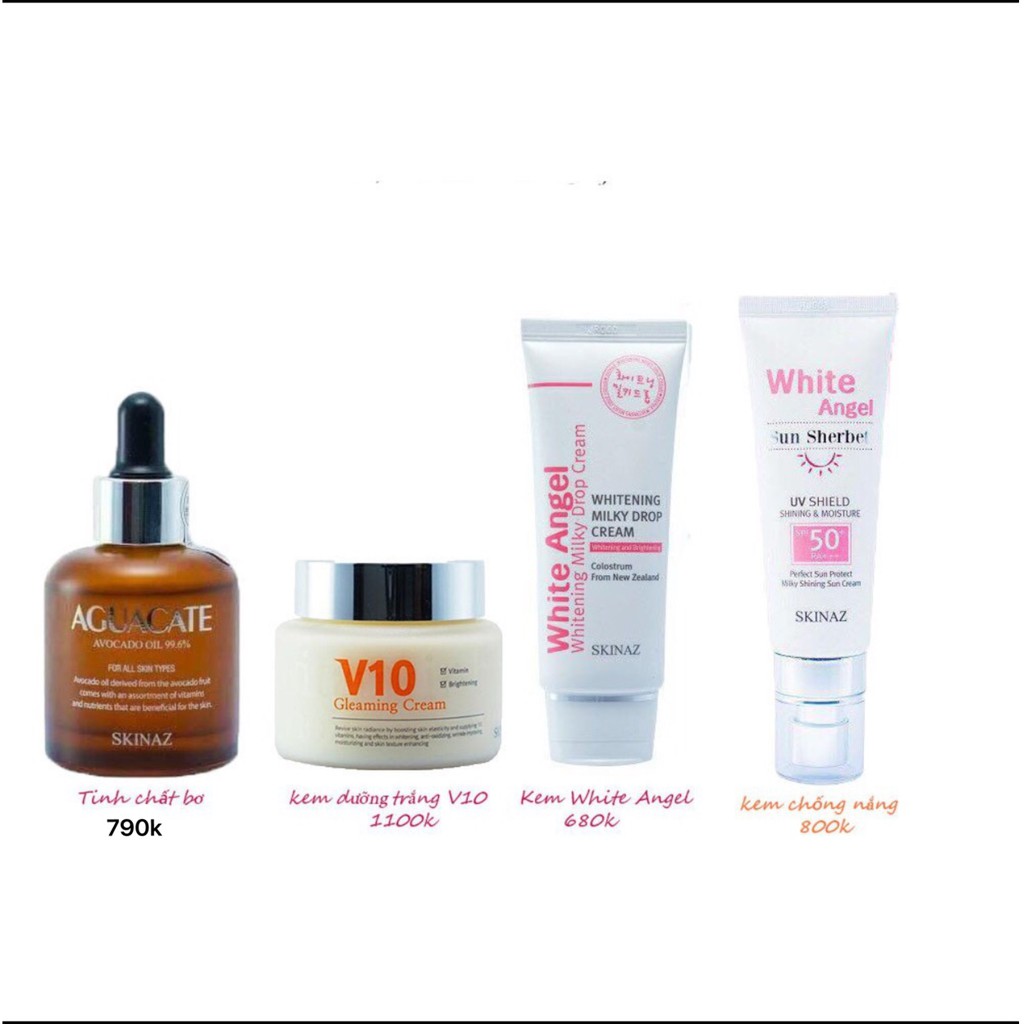 Bộ 4 Sản Phẩm Dưỡng Trắng Da Cơ Bản Của Skinaz Hàn Quốc - Tinh Chất Bơ Kem V10 Kem White Angel Va Kem Chống Nắng Skinaz