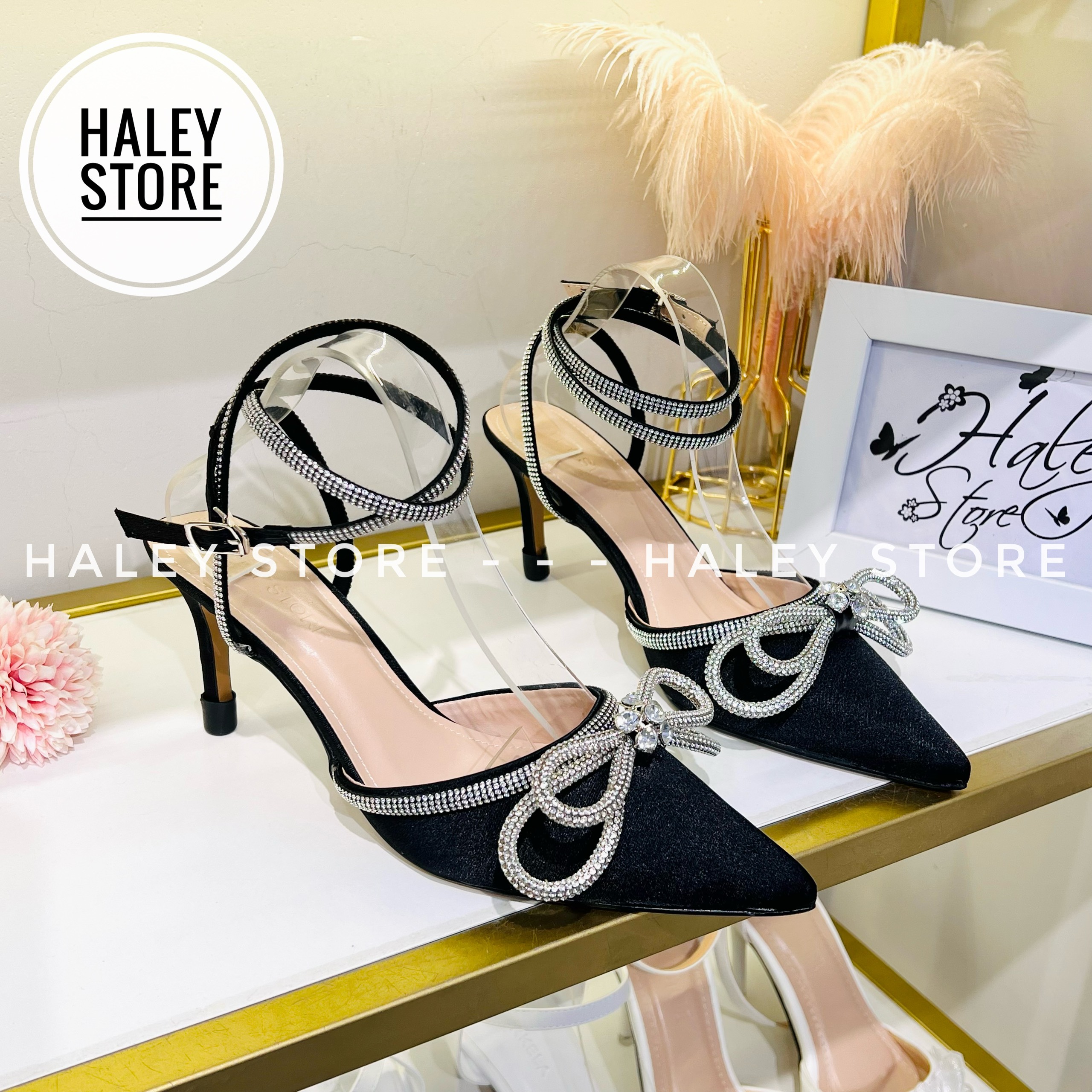 Giày nơ xoàn vip mika HALEY STORE 5cm mũi nhọn quai đính nơ xoàn đá pha lê mũi nhọn công chúa tiểu t