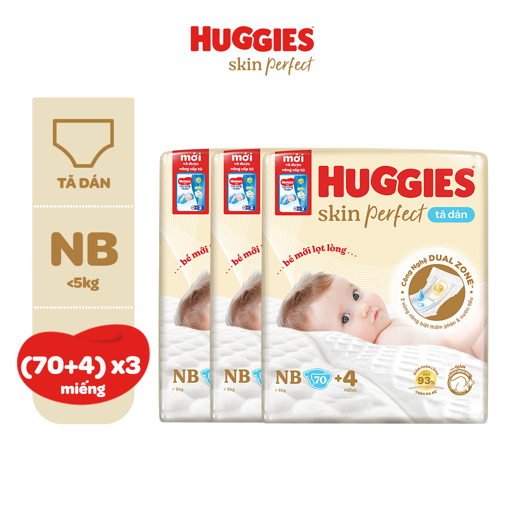 Thùng 3 gói Tã Dán Sơ Sinh Huggies Skin Perfect NB70/S54/S80 Với 2 Vùng Thấm Giảm Kích Ứng Da
