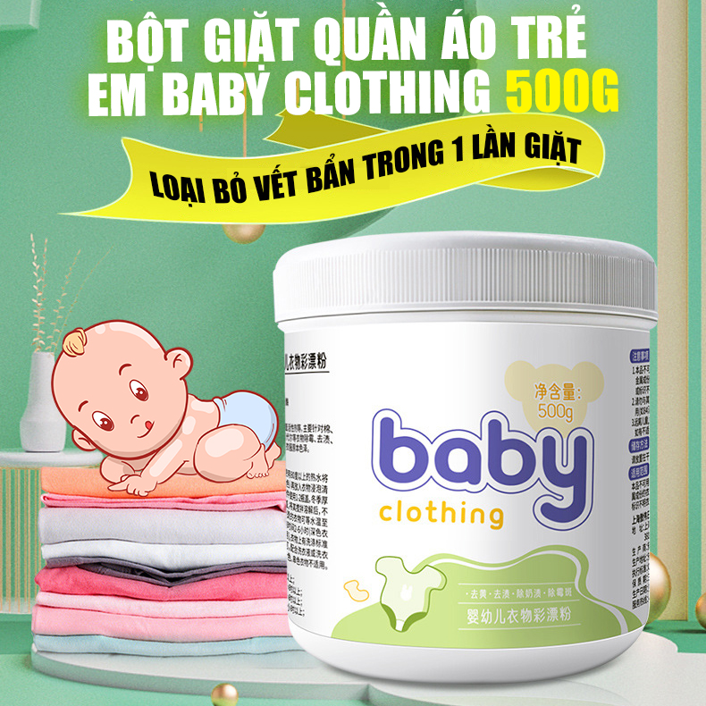 Bột giặt quần áo cho bé Baby Clothing 500g chuyên dụng công nghệ oxygen an toàn cho da em bé không phai màu quần áo