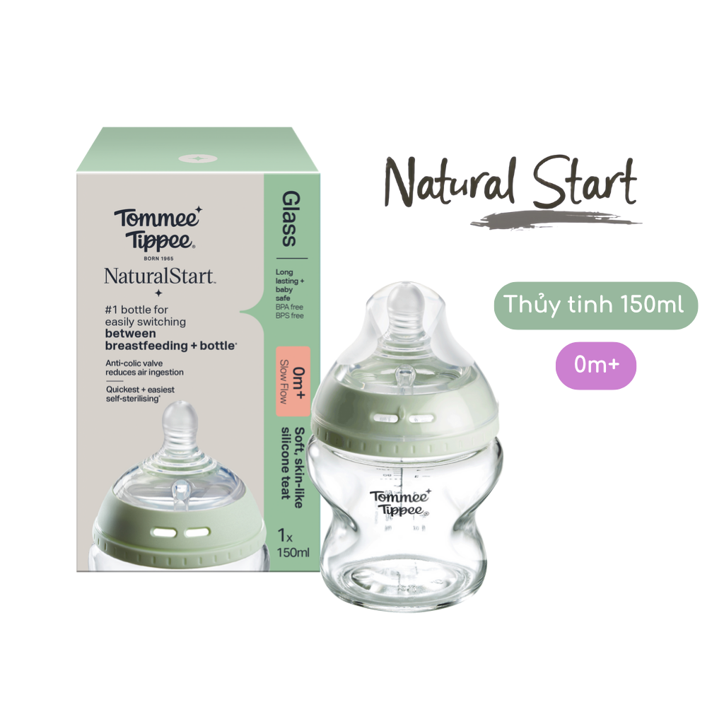 Bình Sữa Thủy Tinh Ty Siêu Mềm Tự Nhiên Tommee Tippee Natural Start 150ml 250ml Cho Bé Từ Sơ Sinh