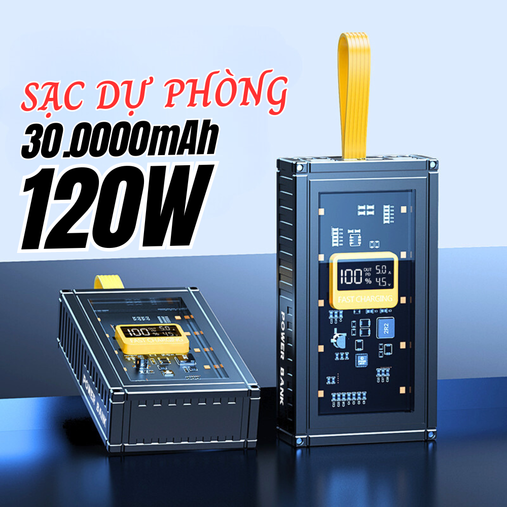 Sạc Dự Phòng Trong Suốt 30000mAh 120W Sạc Siêu Nhanh Siêu Bền Kết Hợp LED Soi Sáng Và 5 Cổng OUT 3 C