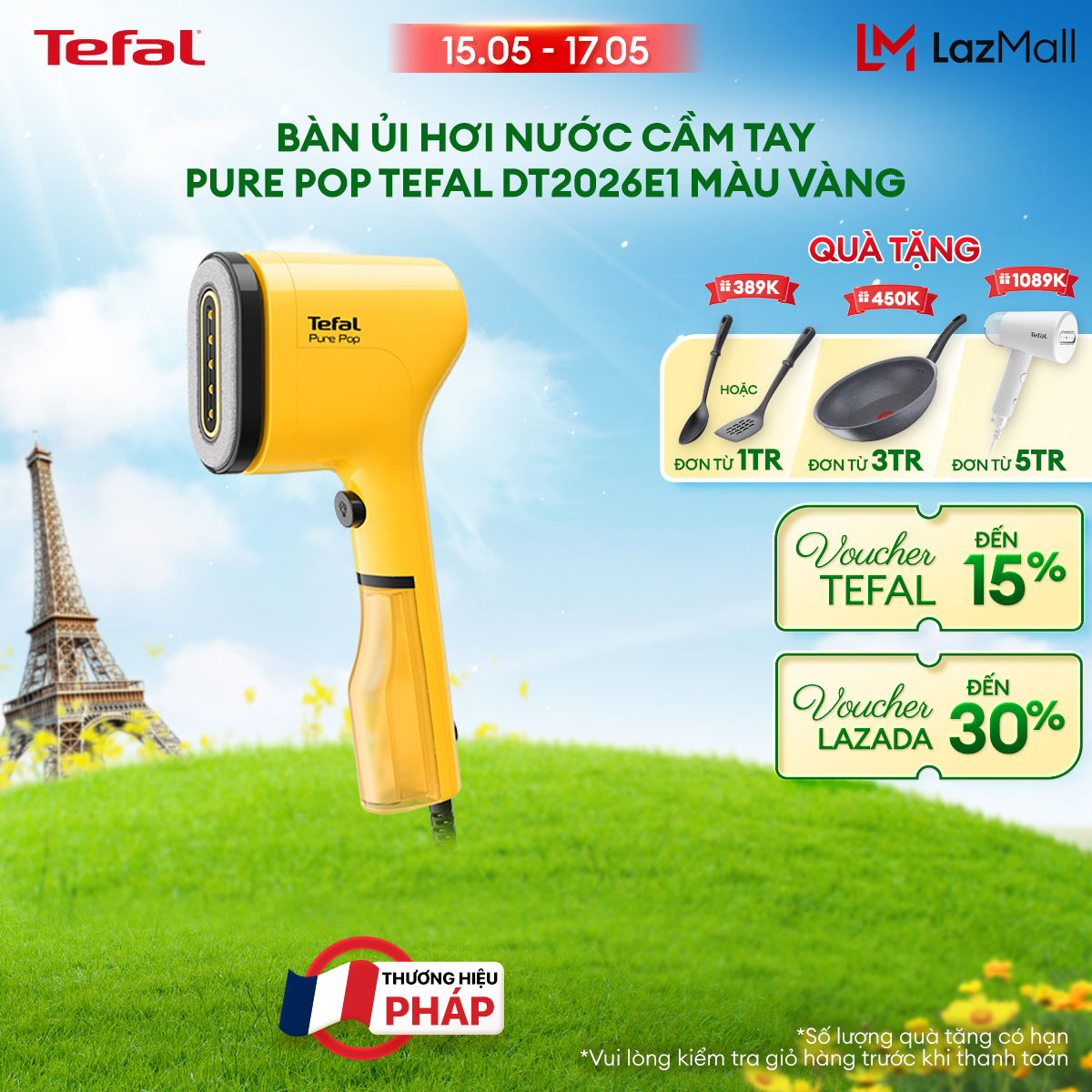 Bàn ủi hơi nước cầm tay Tefal DT2026E1 Vàng - 70 ml, 1300 W, màu vàng chanh