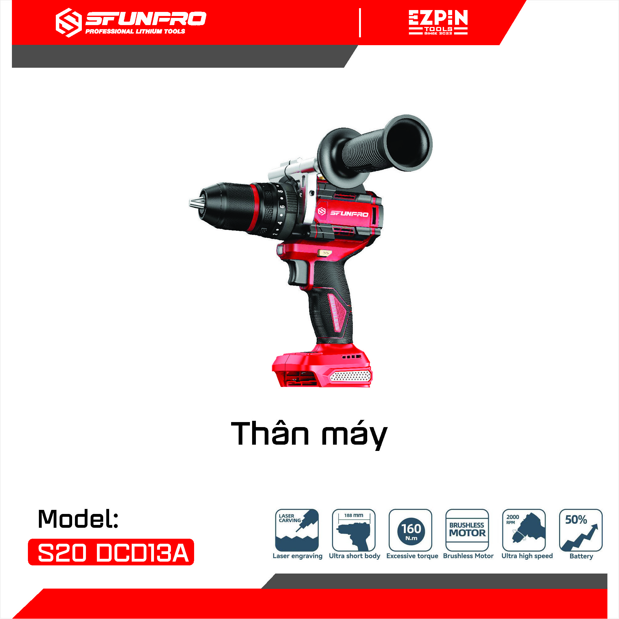 [S20 DCD13A] Máy Khoan Pin 13mm SFUNPRO – 3 Chế Độ Khoan Lực Siết 160Nm Đa Năng Chính Hãng