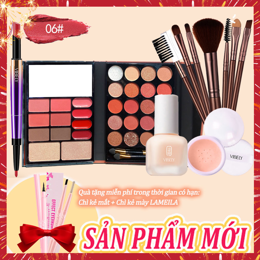 [Hcm]Vibely Bộ Trang Điểm Cá Nhân Đầy Đủ - 5 Mónson Môi Chống Thấm Nước Lâu Trôi Đa Chức Năng+Bảng Phấn Mắt 32 Màu+Kem Nền Dạng Lỏng+Phấn Trang Điểm Bột+7 Cọ Trang Điểm (Quà Tặng Miễn Phí: Lameila Chì Kẻ Mắt+Mascara)