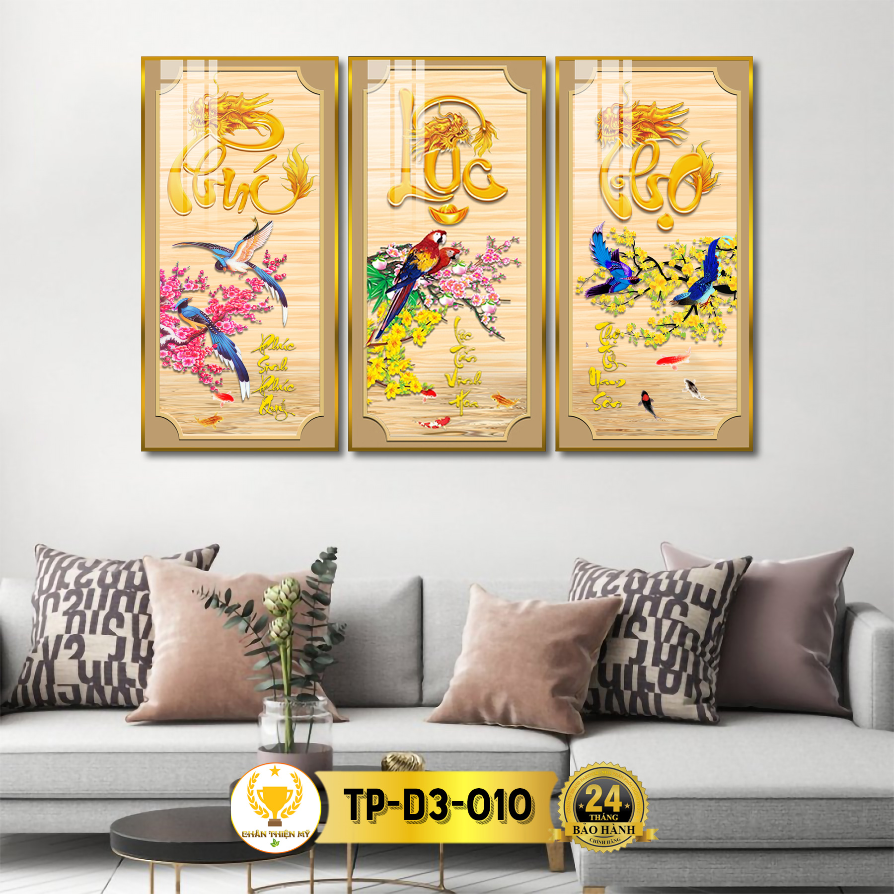 Tranh Treo Tường Decor Bộ 3 Phúc Lộc Thọ Tráng Gương CHÂN THIỆN MỸ Quà Tặng Trang Trí Phòng Khách CT