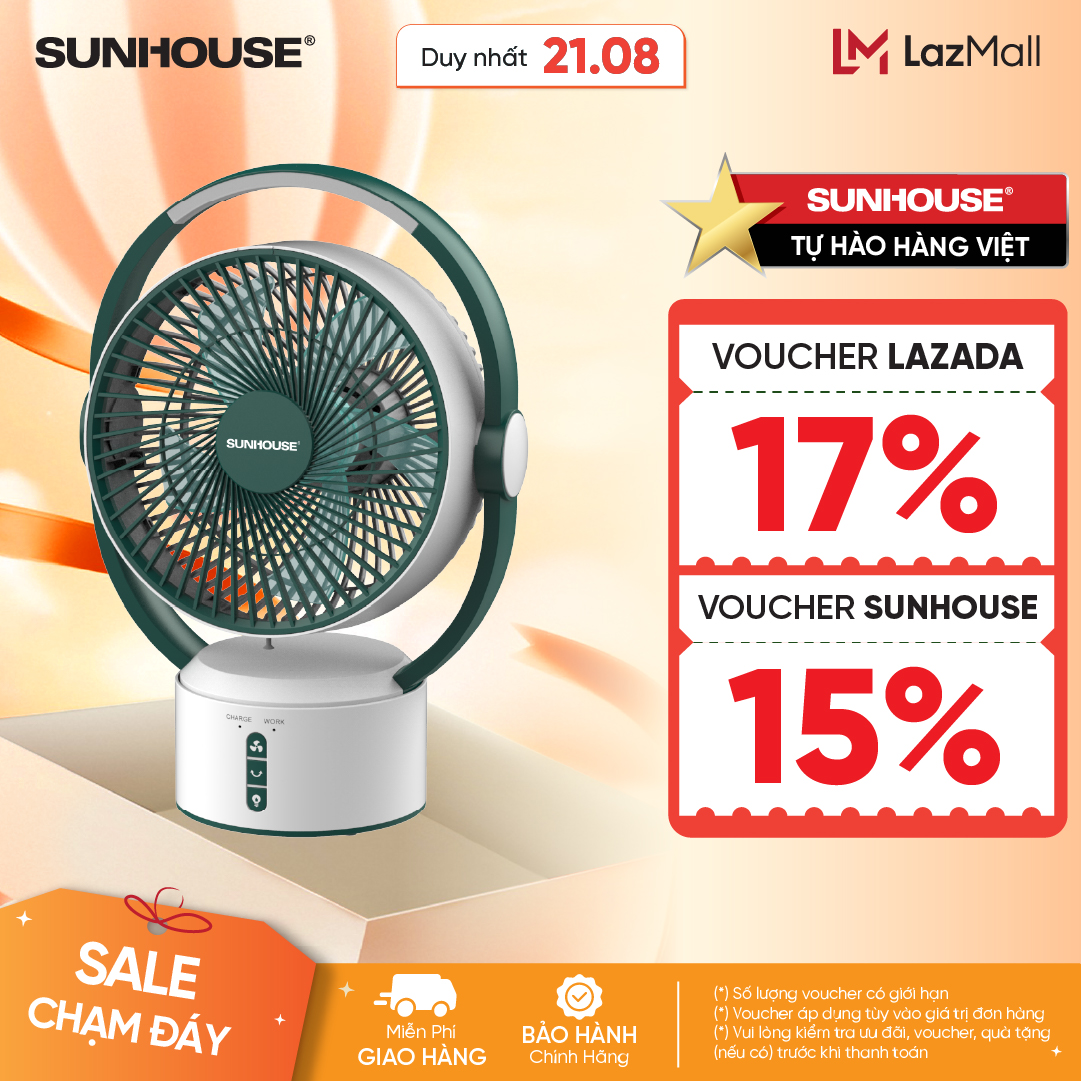 [ƯU ĐÃI 2 TẦNG VOUCHER] Quạt sạc SUNHOUSE SHD7116 - Công suất 25W - 3 tốc độ gió - Tích hợp đèn ngủ 