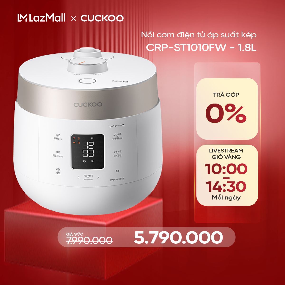 Nồi cơm điện tử áp suất kép Cuckoo 1.8L CRP-ST1010FW - Lòng nồi phủ men Xwall độc quyền - Bảng điều